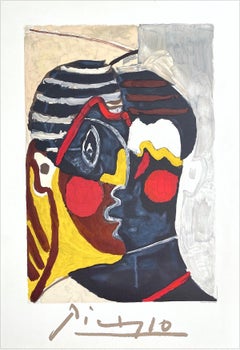 Paulo en Costume d'Arlequin, Lithograph, Abstract Faces, African Mask, Stripes