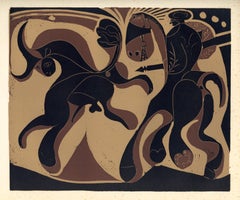 "Picador and Fleeing Bull" linocut