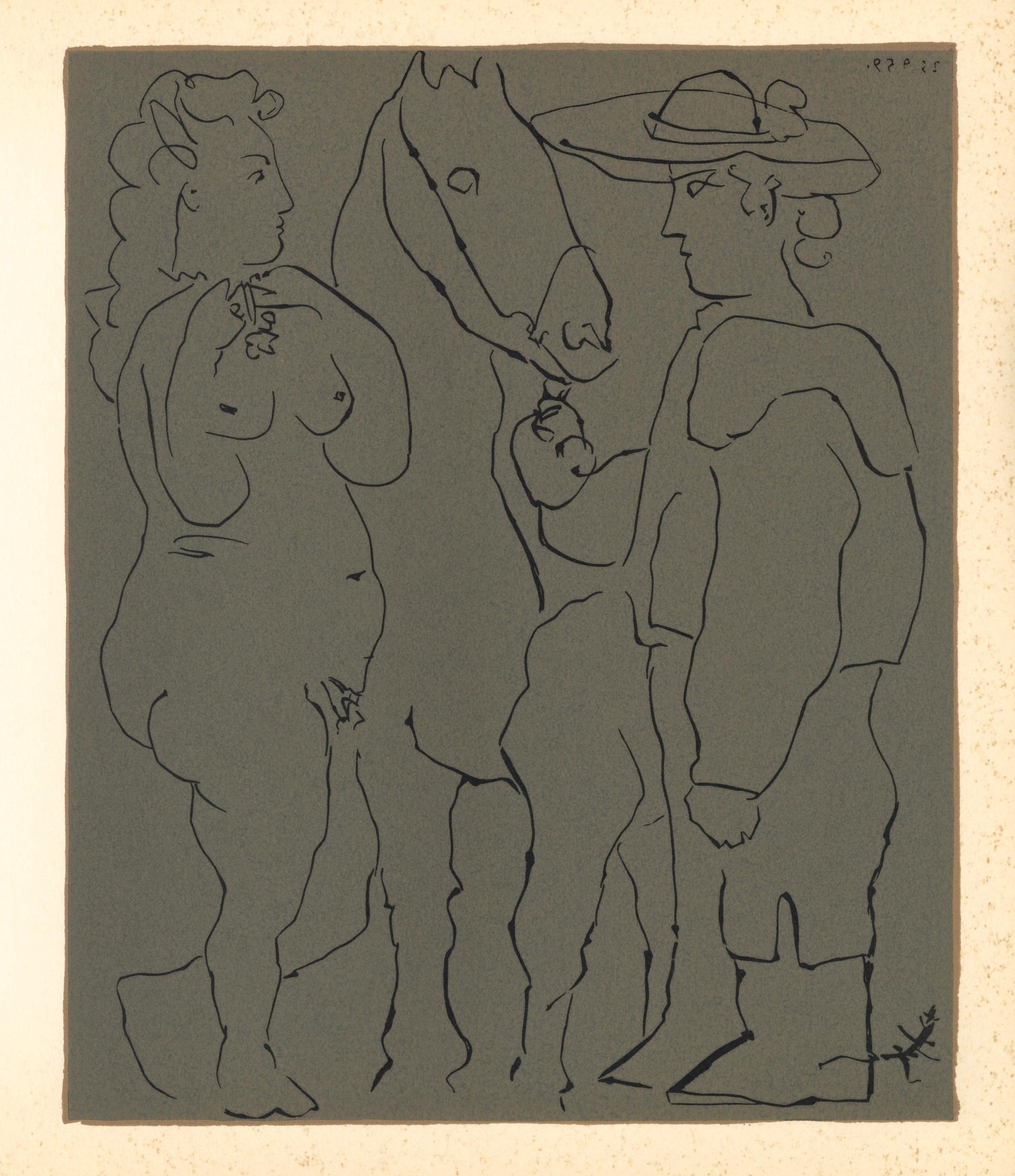 „Picador, Frau und Pferd“ Linolschnitt – Print von (after) Pablo Picasso