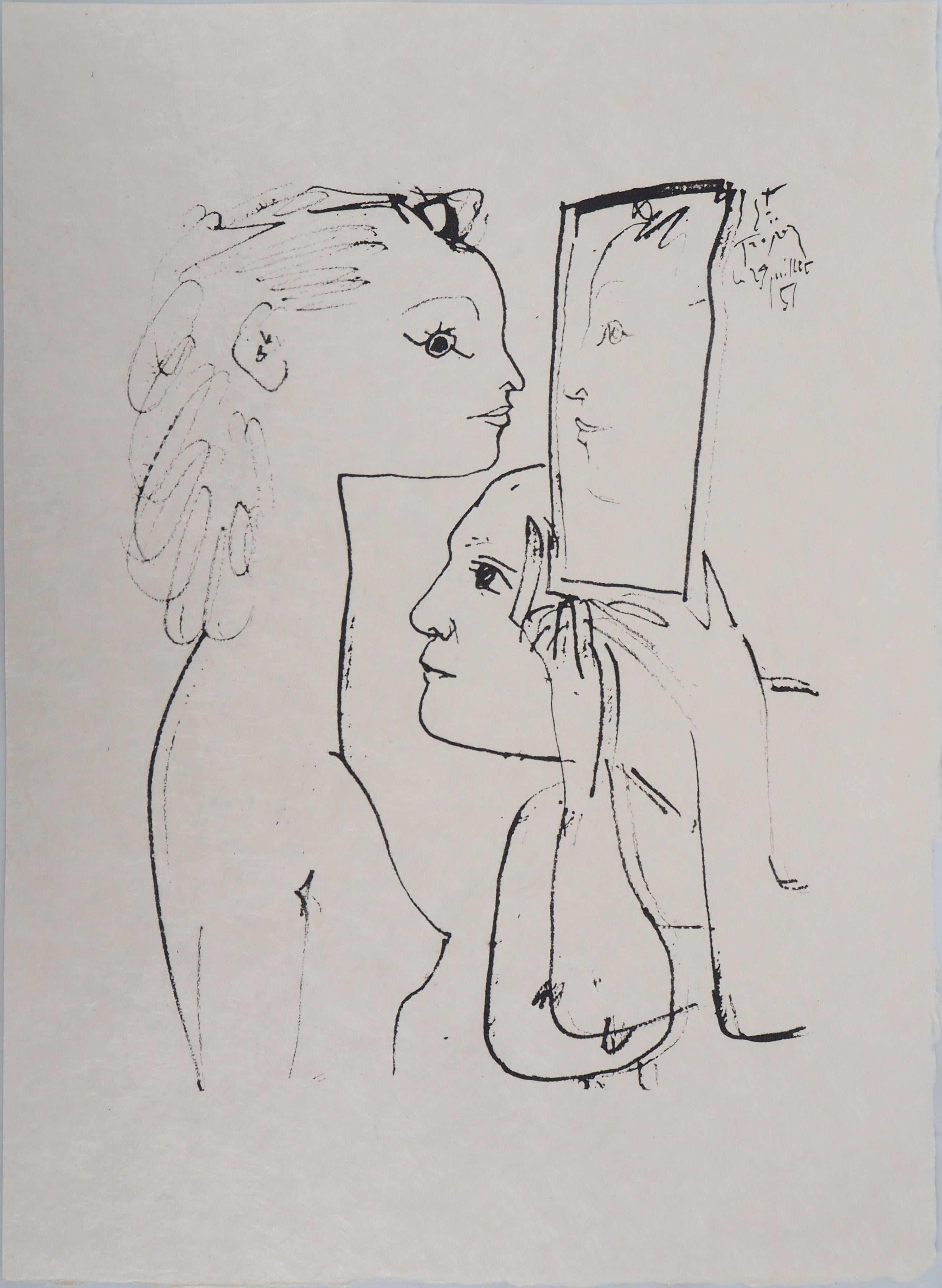 Picasso and Model Looking In The Mirror - Lithograph on Japan paper - Ltd 100 - Print by (after) Pablo Picasso
