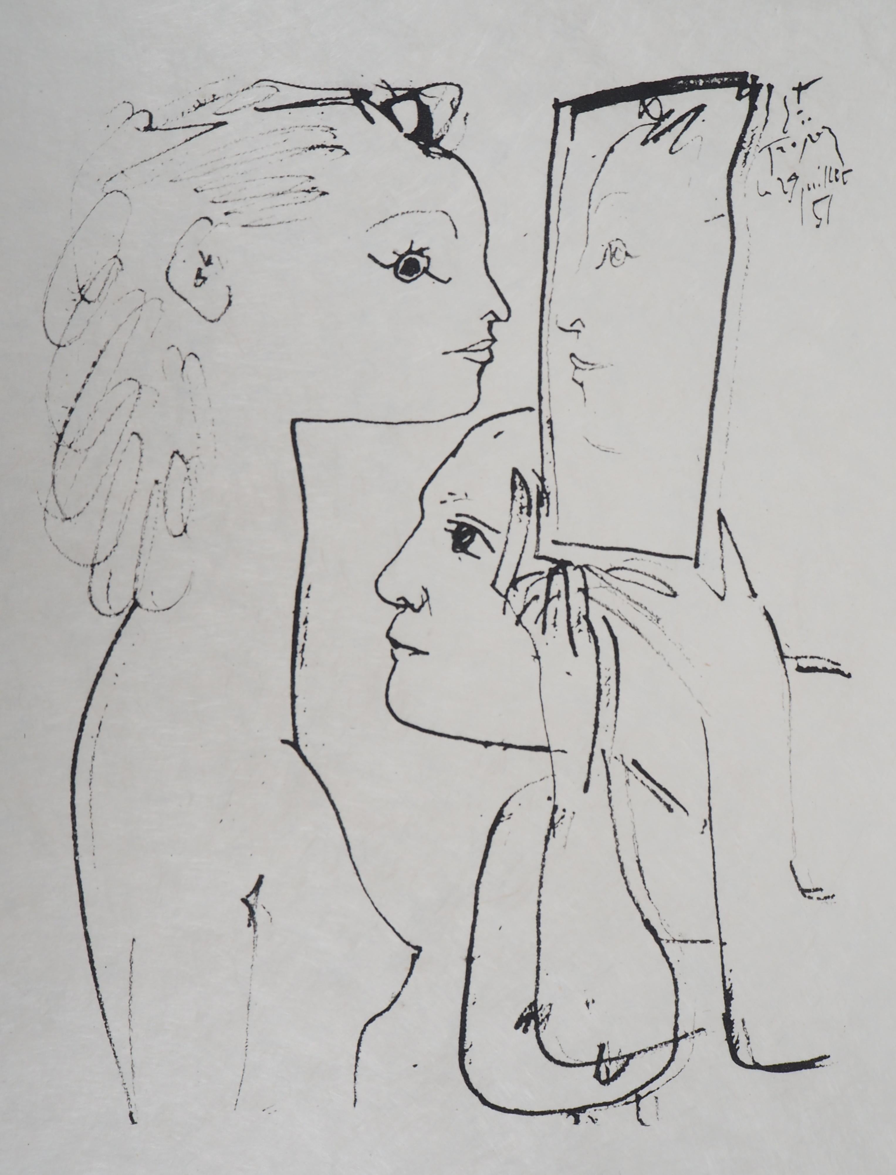 (after) Pablo Picasso Figurative Print - Picasso and Model Looking In The Mirror - Lithograph on Japan paper - Ltd 100