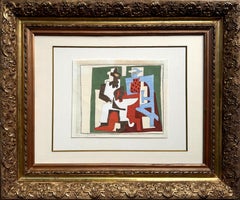 Estampe au pochoir « Pierrot et Arlequin », style moderne, signée, 1920, n° 11/100
