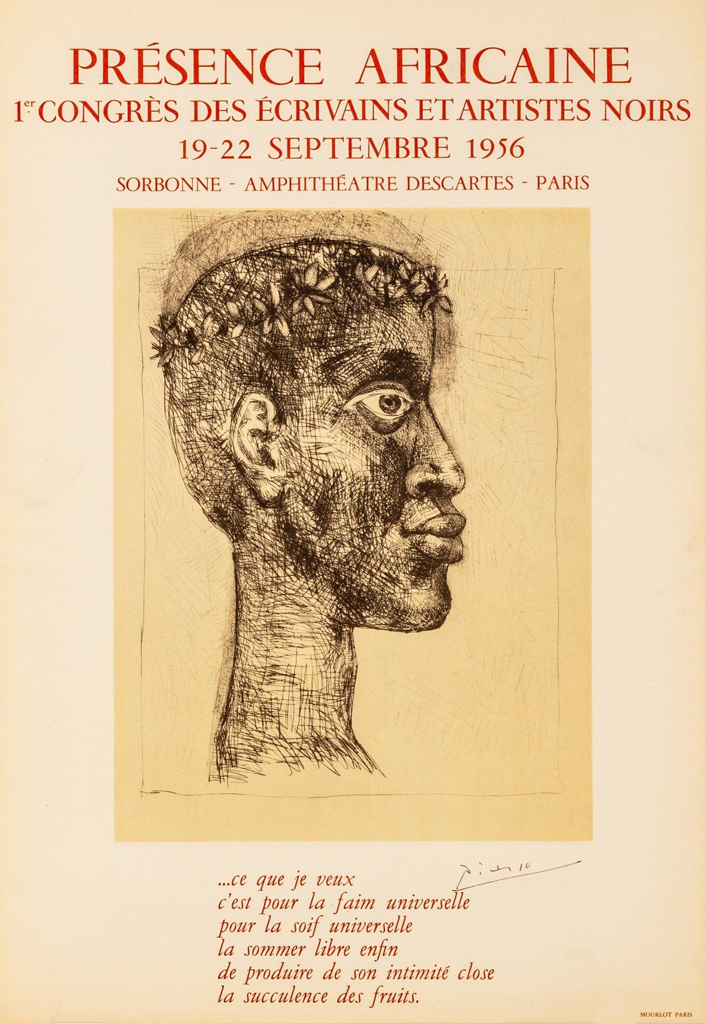 Artist: Pablo Picasso

Medium: Lithographic Poster, 1956

Dimensions: 25.9 x 18.7 in, 66 x 47.5 cm

Arches Paper - Excellent Condition A

This lithographic poster was designed to promote the first Congress of Black writers and artists at la Sorbonne
