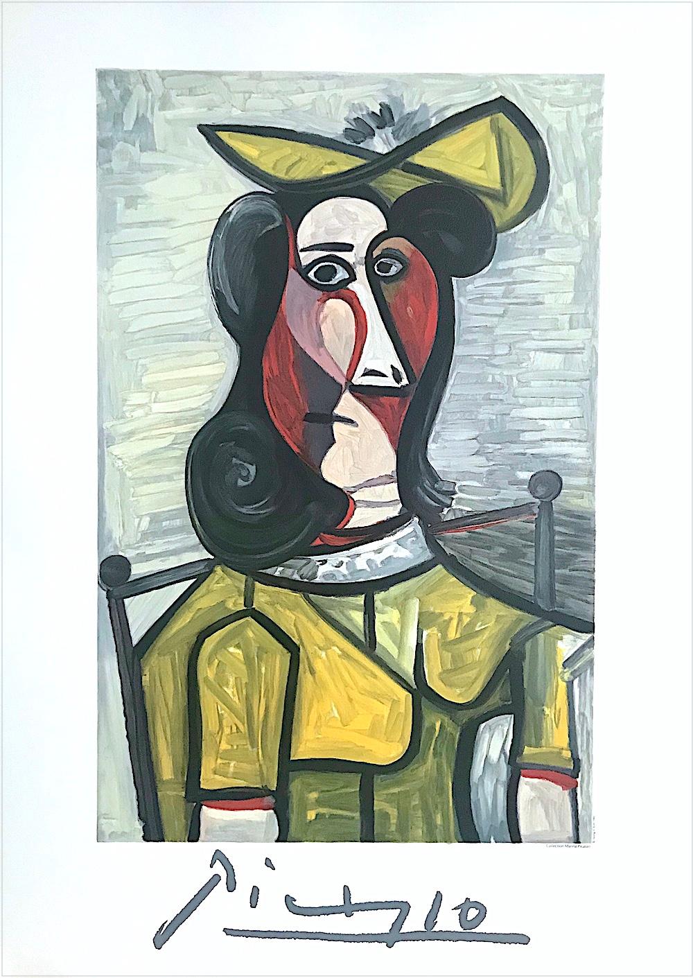(after) Pablo Picasso Portrait Print - PORTRAIT DE FEMME AU CHAPEAU A LA ROBE JAUNE Lithograph Woman Yellow Hat Dress