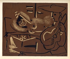 Vintage "Reclining Woman and Guitar-Playing Picador" linocut