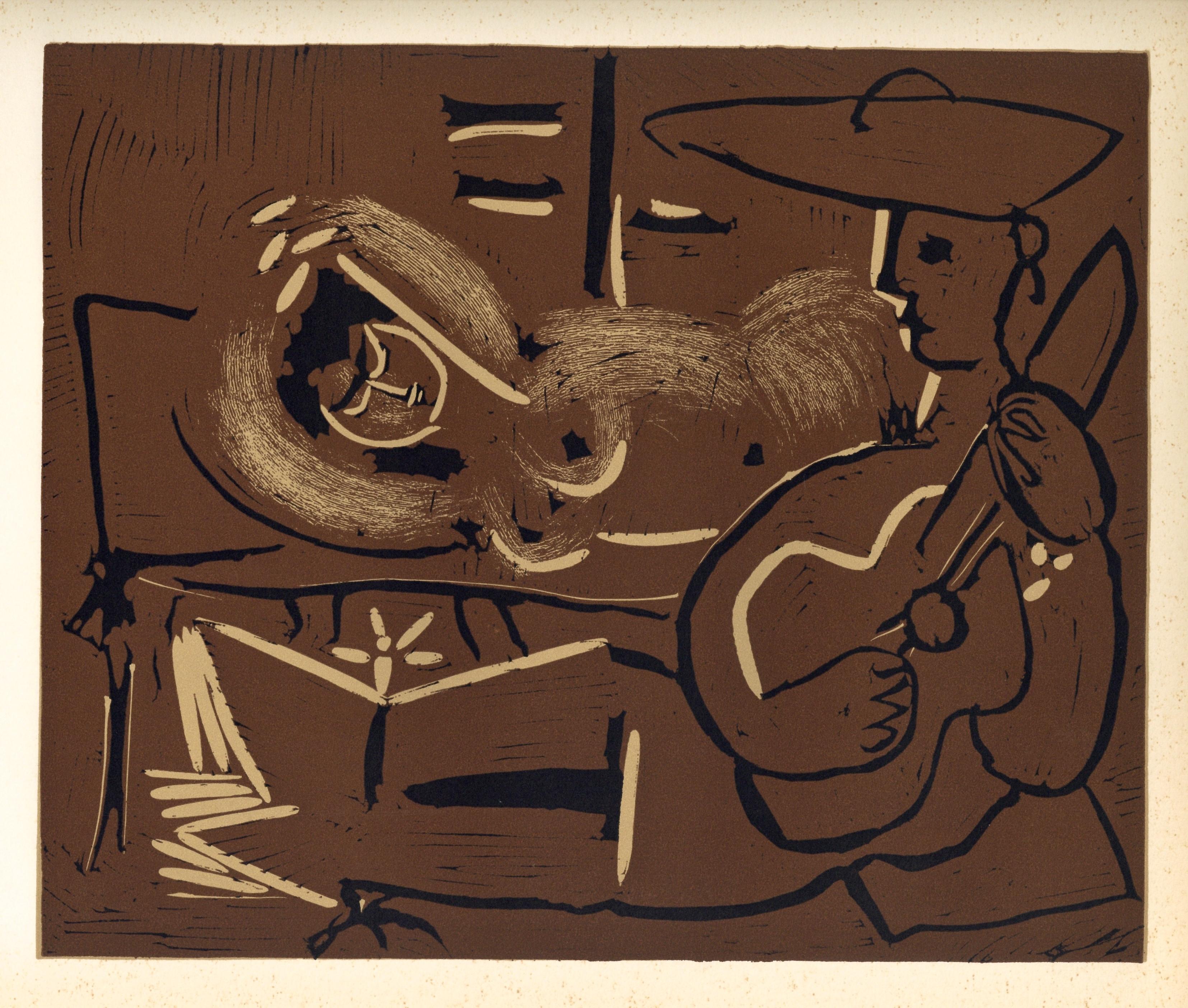 „Reclining Woman and Guitar-Playing Picador“ Linolschnitt