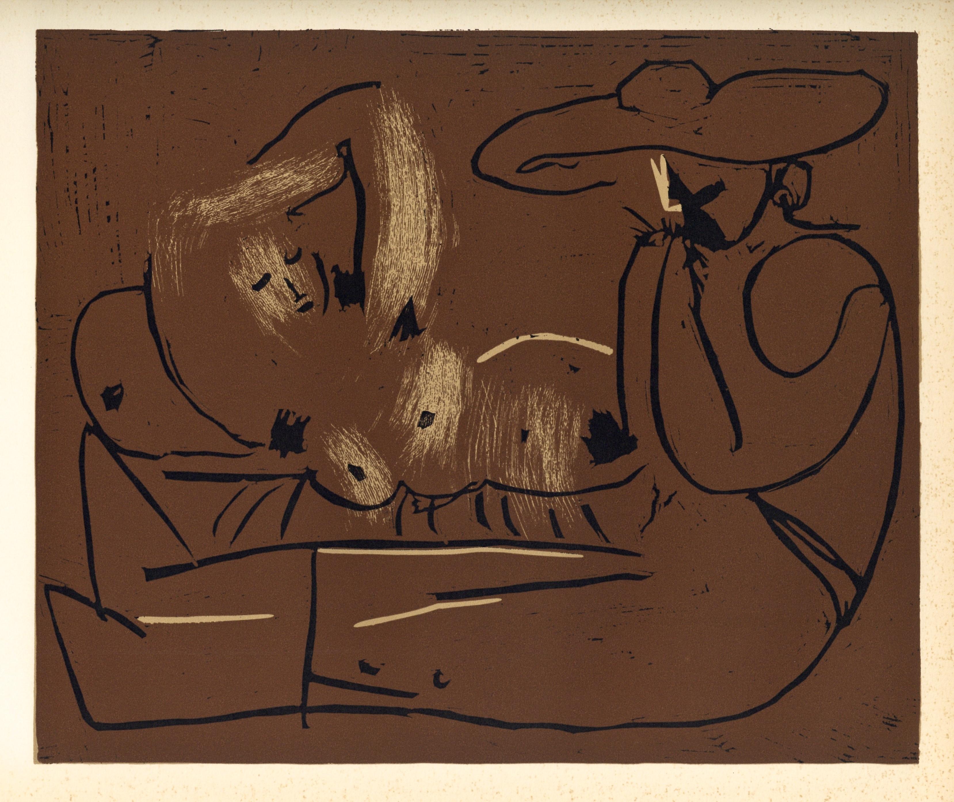"Reclining Woman and Picador Eating Grapes" linocut - Print by (after) Pablo Picasso