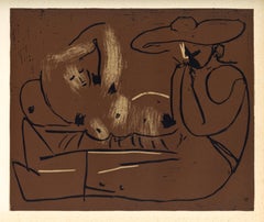 "Reclining Woman and Picador Eating Grapes" linocut