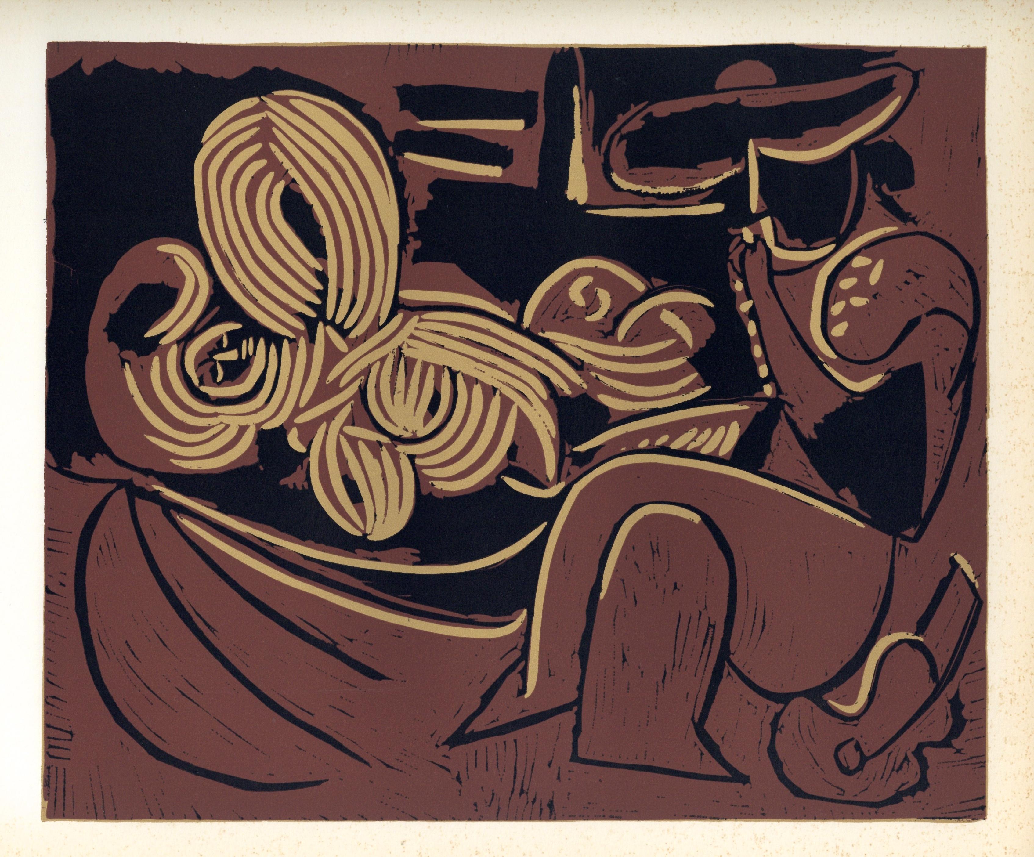 „Reclining Woman and Picador mit Gitarre“, Linolschnitt – Print von (after) Pablo Picasso