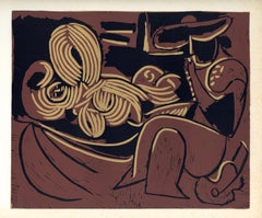Vintage "Reclining Woman and Picador with Guitar" linocut