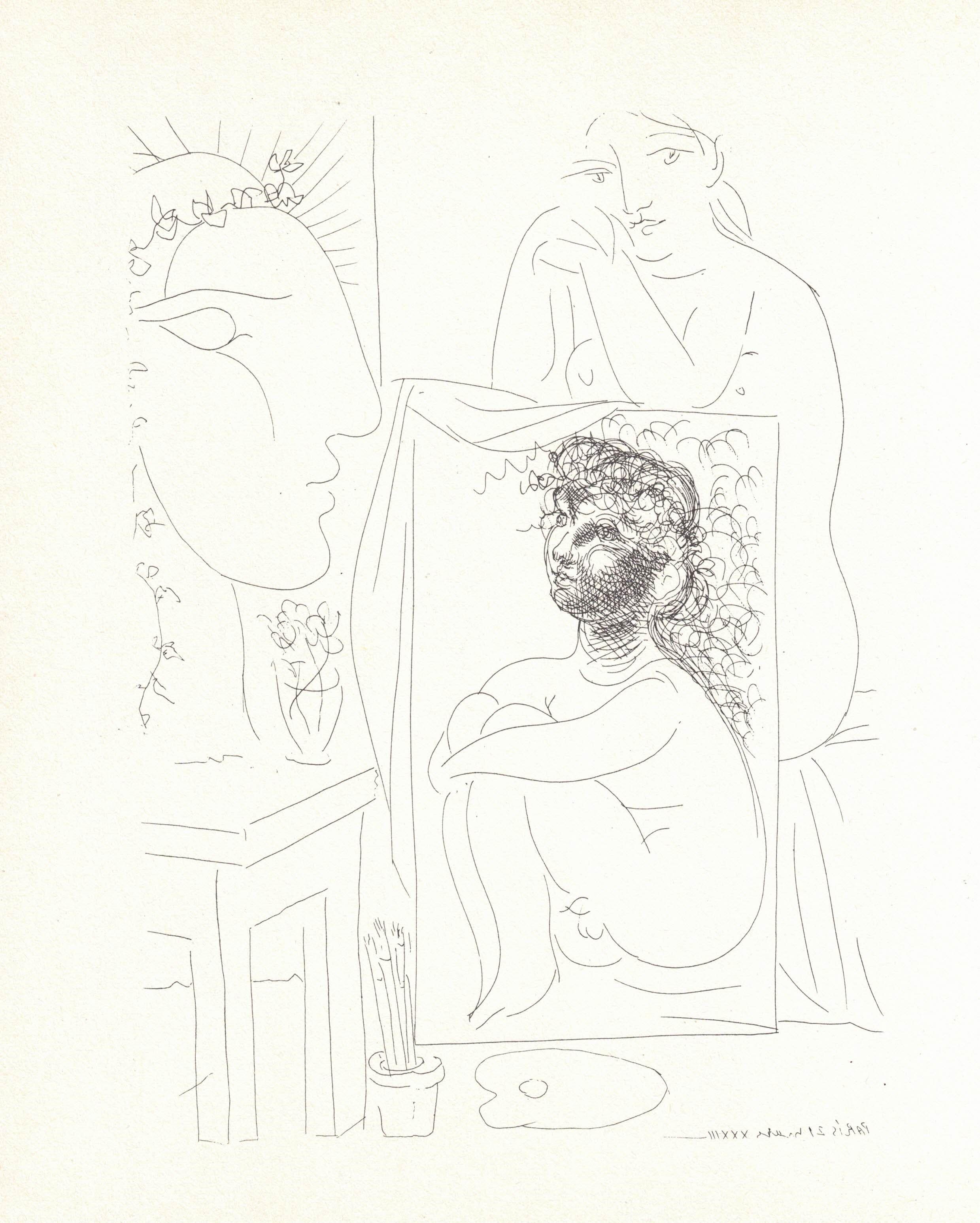 Nude Print (after) Pablo Picasso - Nu assis avec peinture et tête sculptée