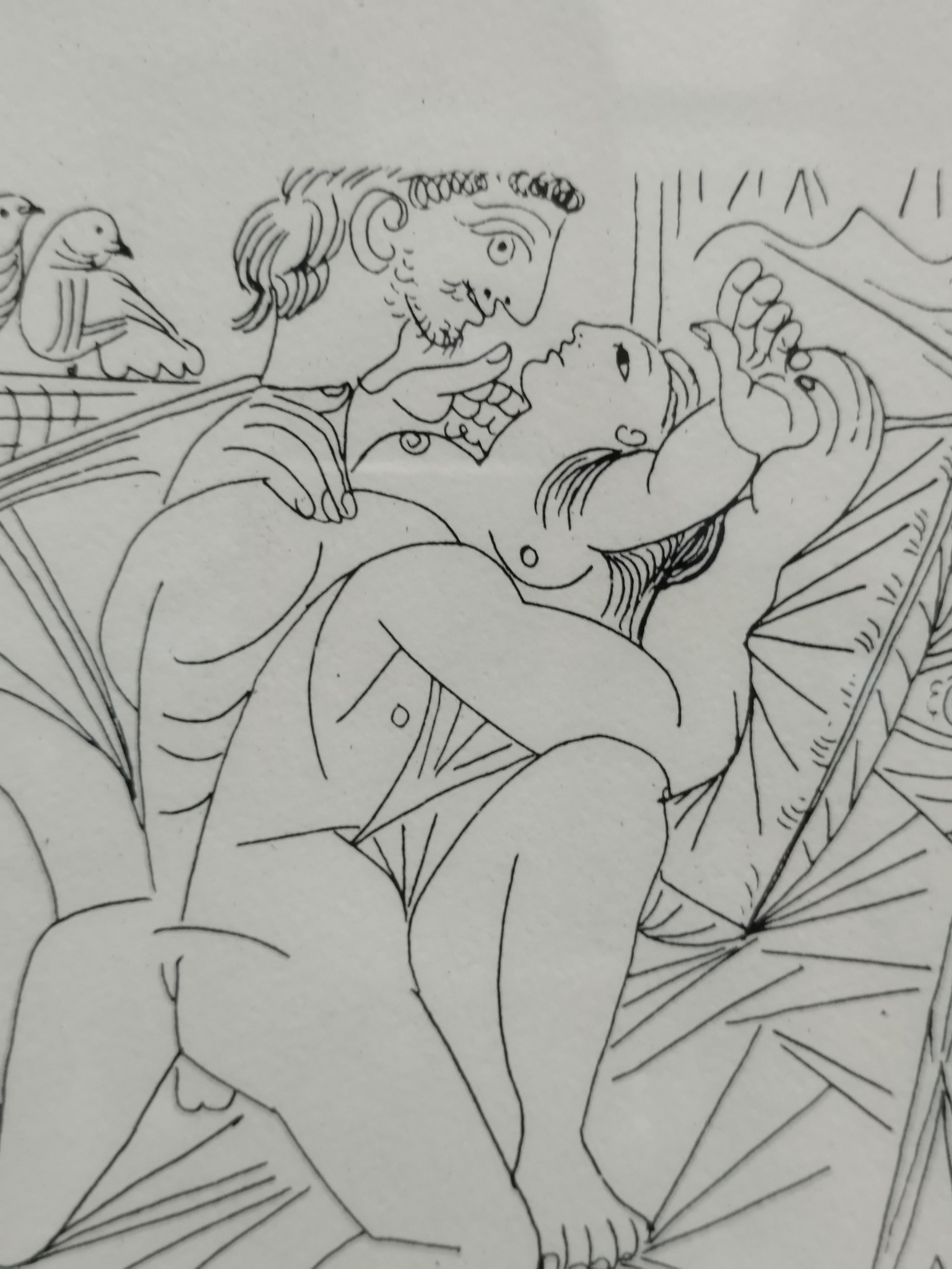 Print on paper  of an etching belonging to the impressive 347 series, executed by Picasso between March 16 and Oct. 05, 1968 at the age of 87, in seven months, and is the clearest expression of renewal that a man of his age, with his artistic