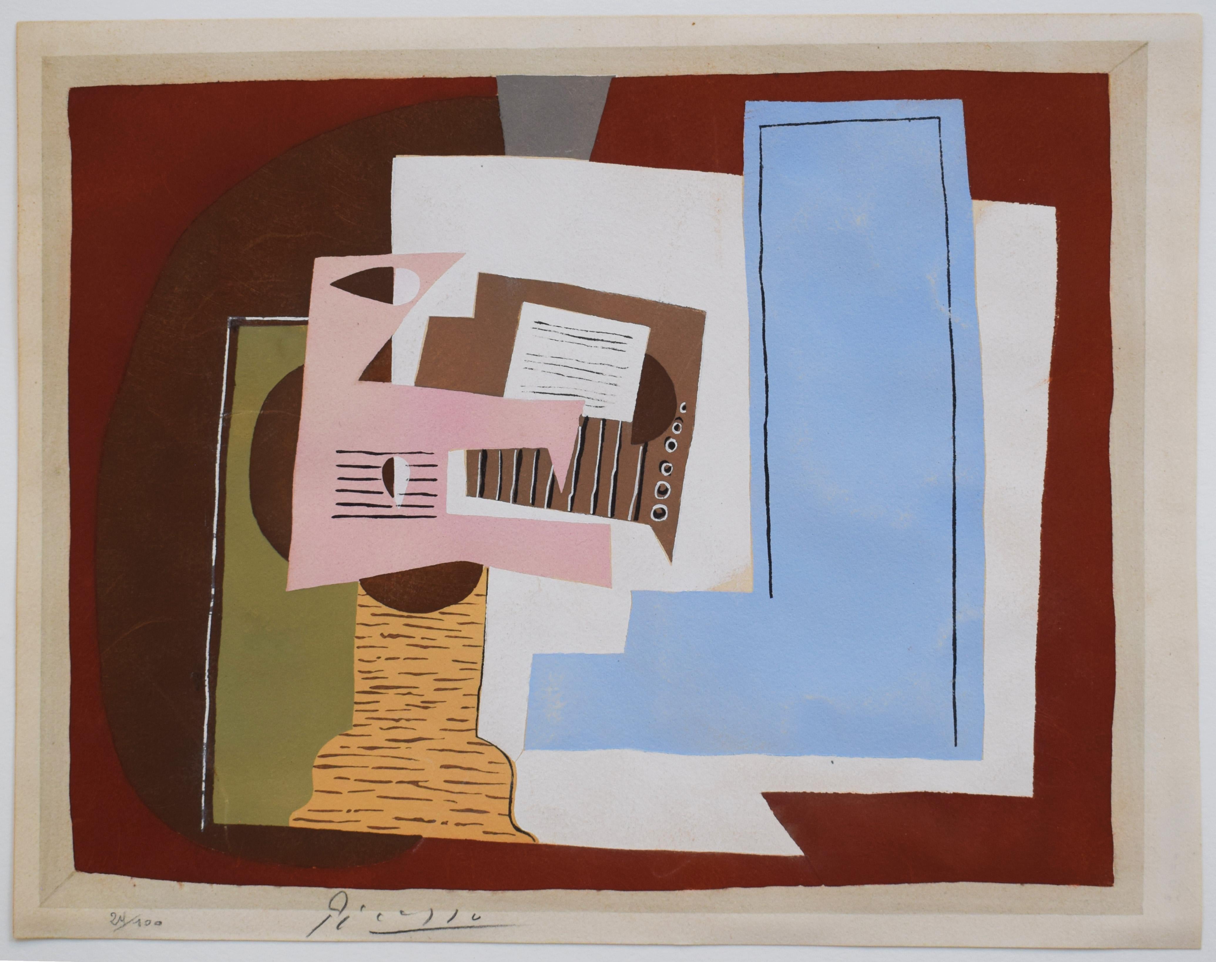 Natura morta con chitarra, da: Dieci Pochoir - Natura morta musica cubismo spagnolo - Print di Pablo Picasso