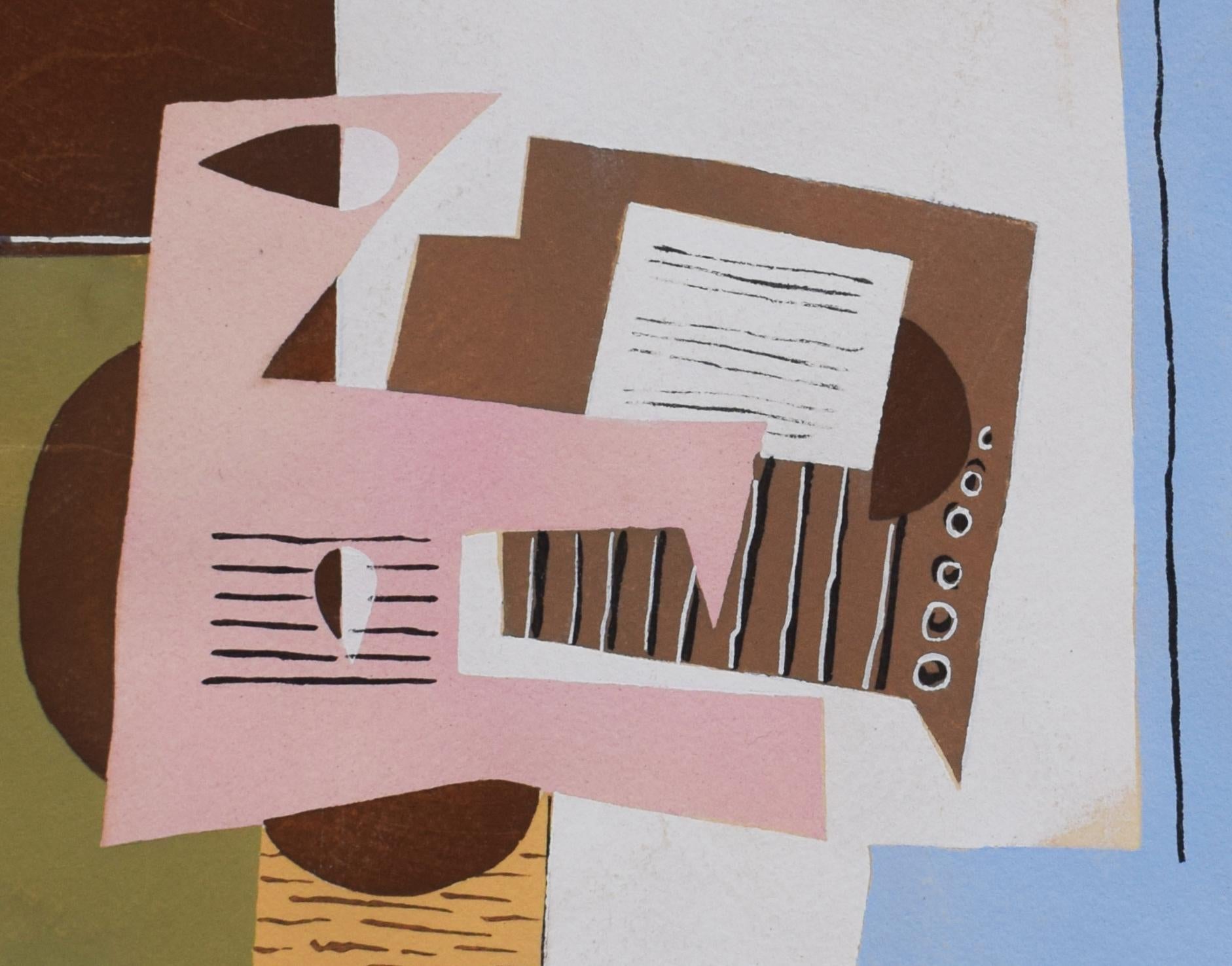 Natura morta con chitarra, da: Dieci Pochoir - Natura morta musica cubismo spagnolo - Still-Life Print Grigio di Pablo Picasso