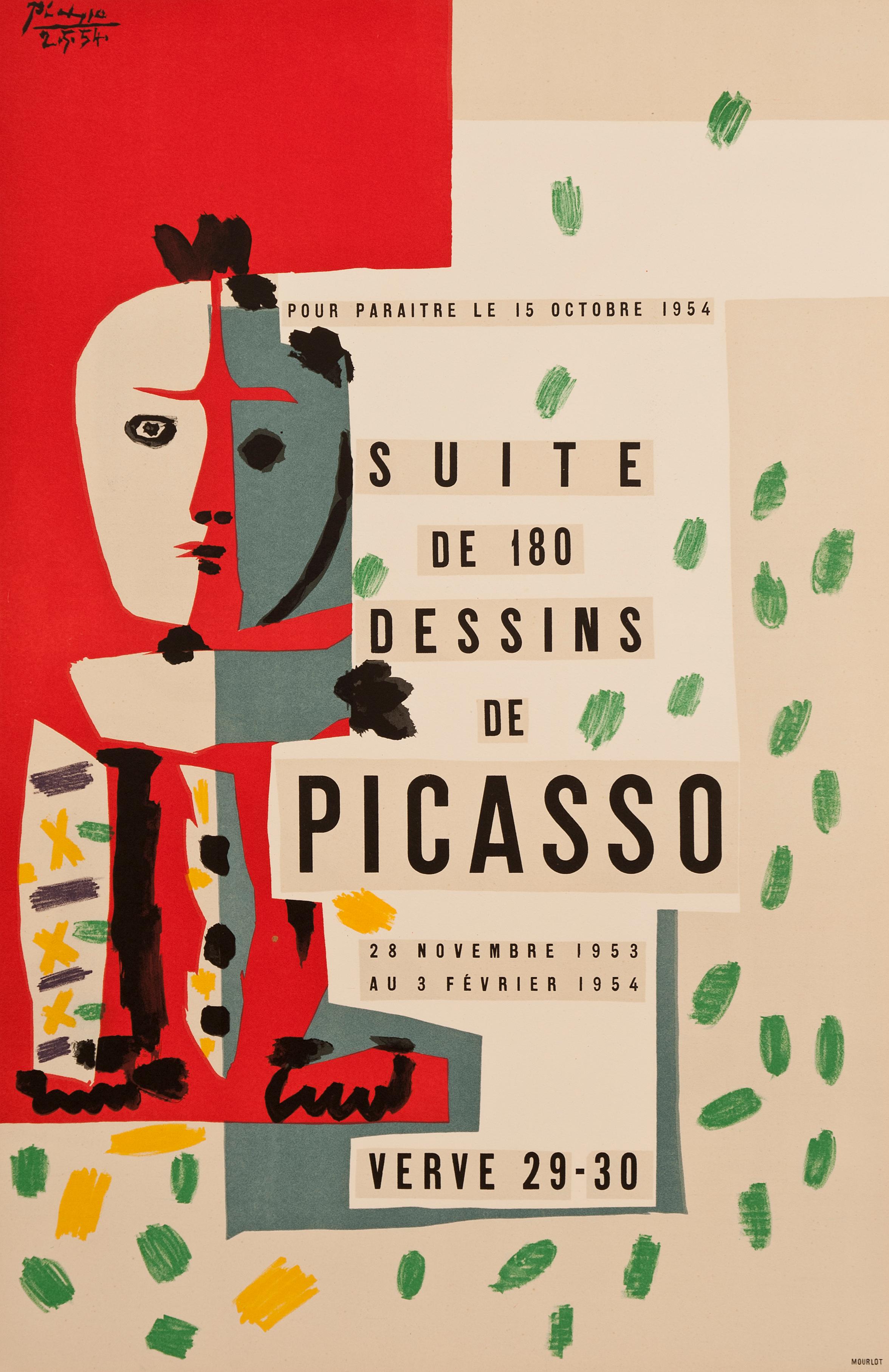 Dieses lithografische Farbplakat in sieben Farben wurde von Picasso entworfen, um für die Ausgabe der Zeitschrift Verve 29-30 zu werben. Der berühmte Verlag Tériade brachte 1954 eine Sonderausgabe von Verve heraus, die einer Reihe von Zeichnungen