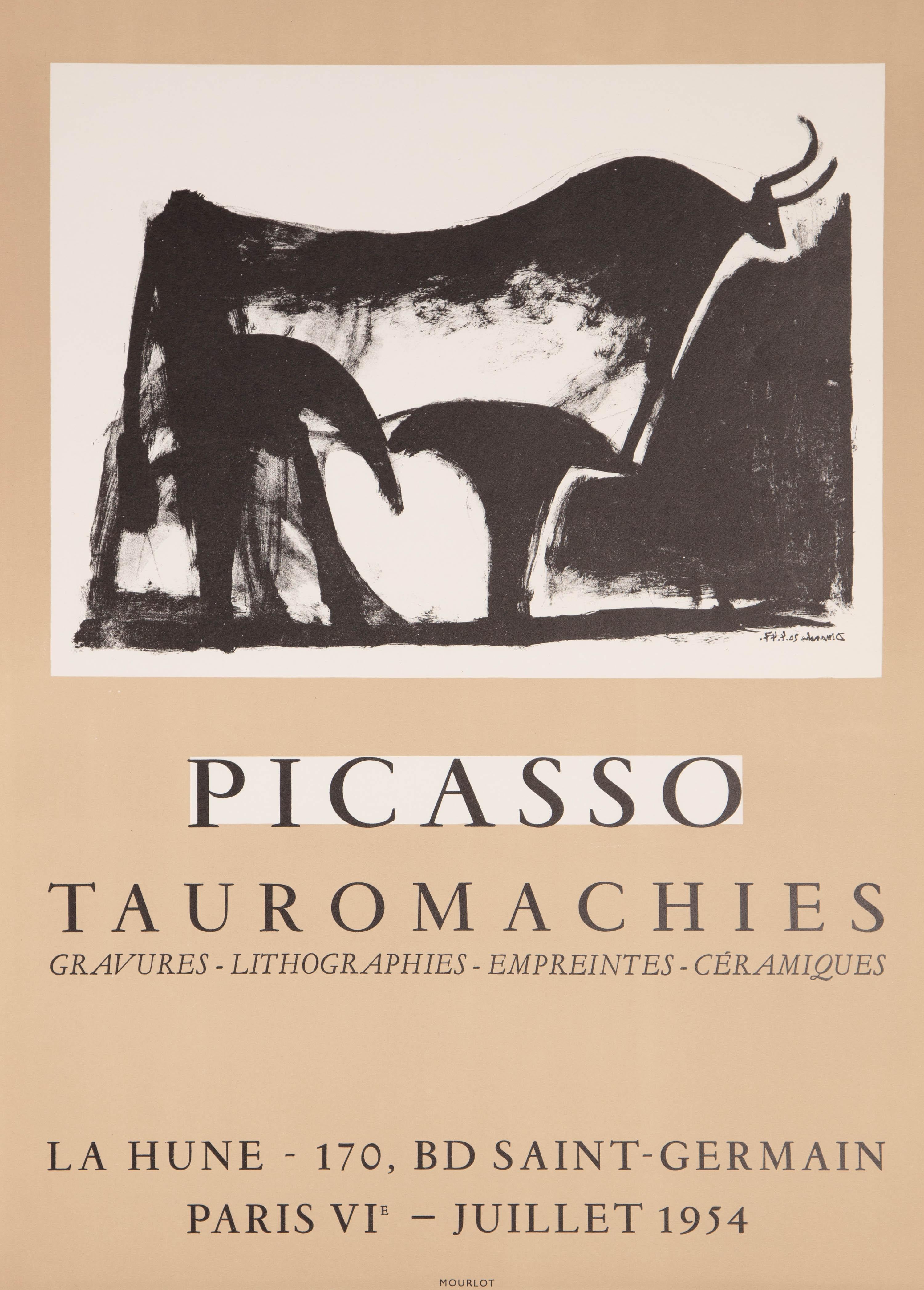 1750Immerse yourself in the captivating world of Pablo Picasso with this exceptional lithographic poster. Created by Imprimerie Mourlot for the Picasso exhibition 'Tauromachies' at La Hune in 1954, this poster showcases one of Picasso's iconic