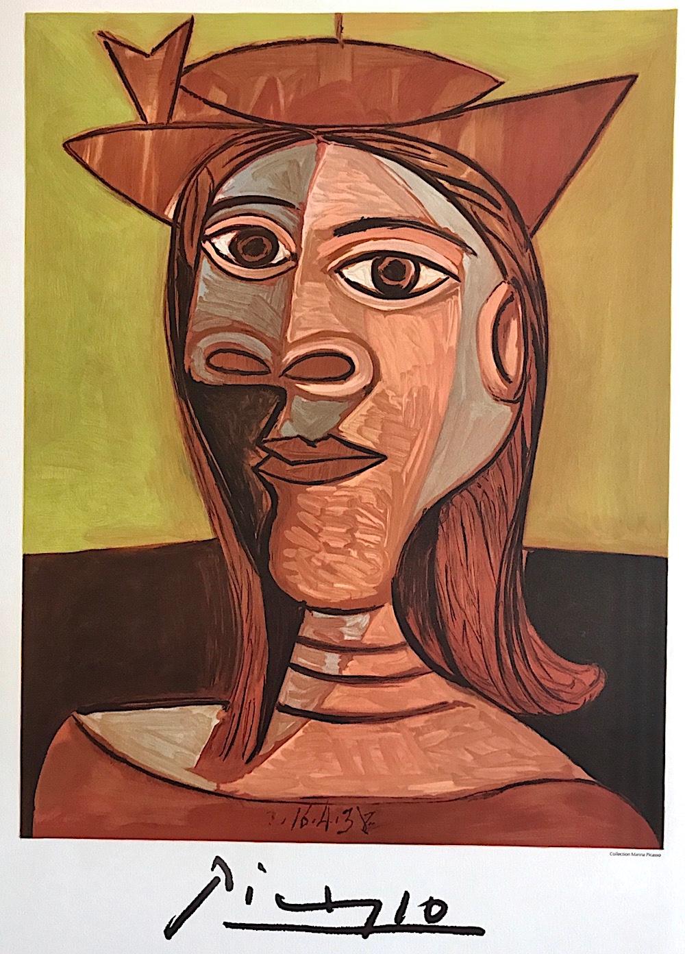 Tete de Femme, Lithographie, Abstrakter Porträtkopf, Frau mit Hut aus Terrakotta in Rosa – Print von (after) Pablo Picasso
