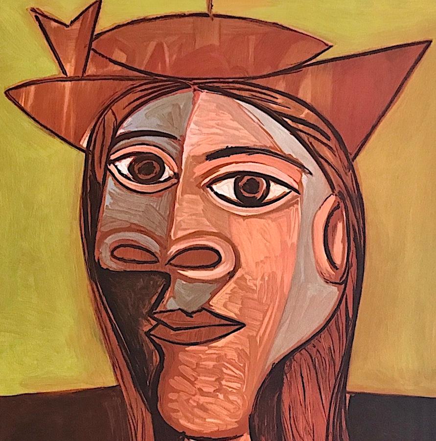 Tete de Femme, Lithographie, Abstrakter Porträtkopf, Frau mit Hut aus Terrakotta in Rosa (Beige), Abstract Print, von (after) Pablo Picasso