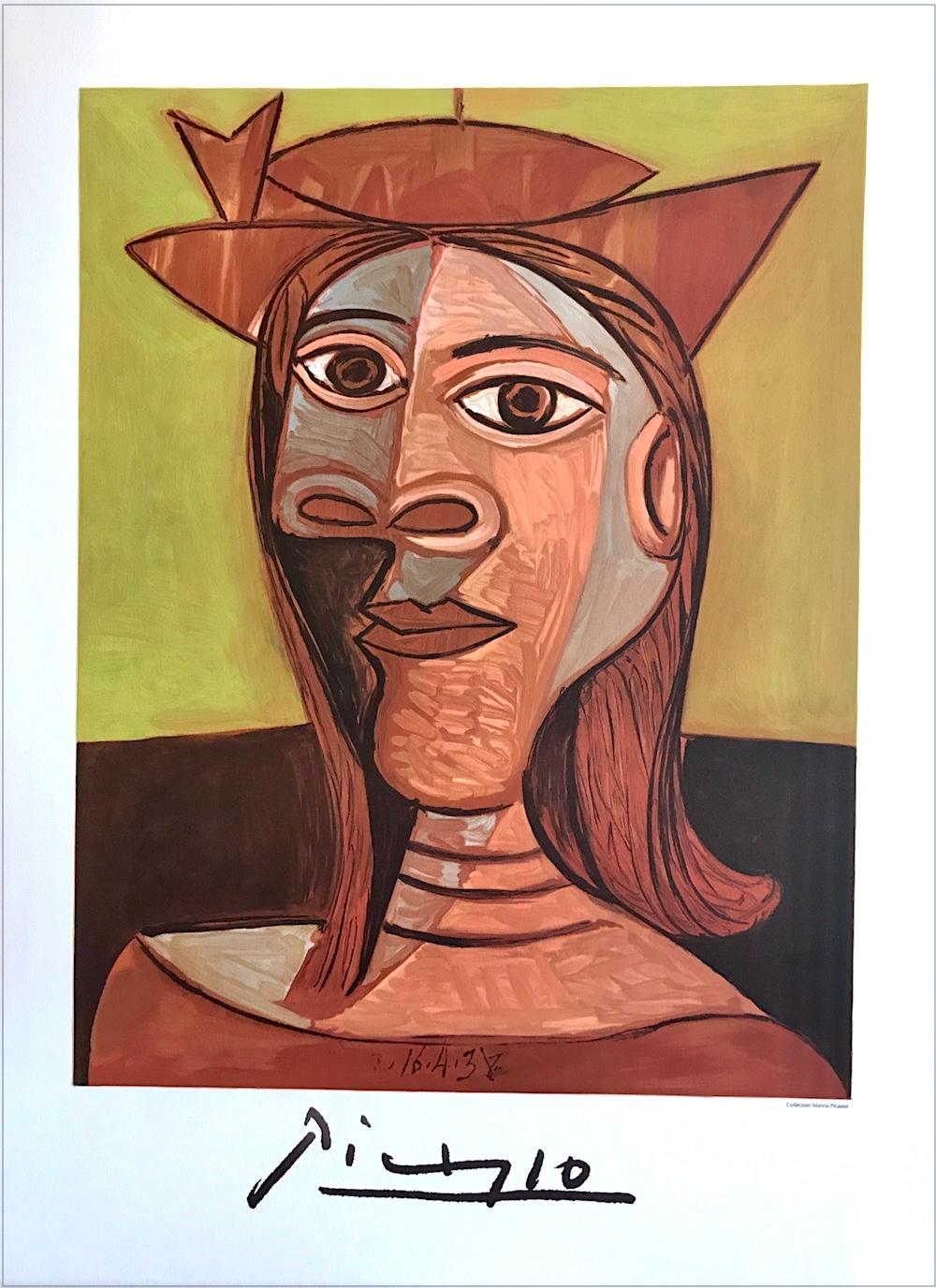 Tete de Femme, Lithograph, Abstract Portrait Head, Woman in Hat Terra Cotta Pink