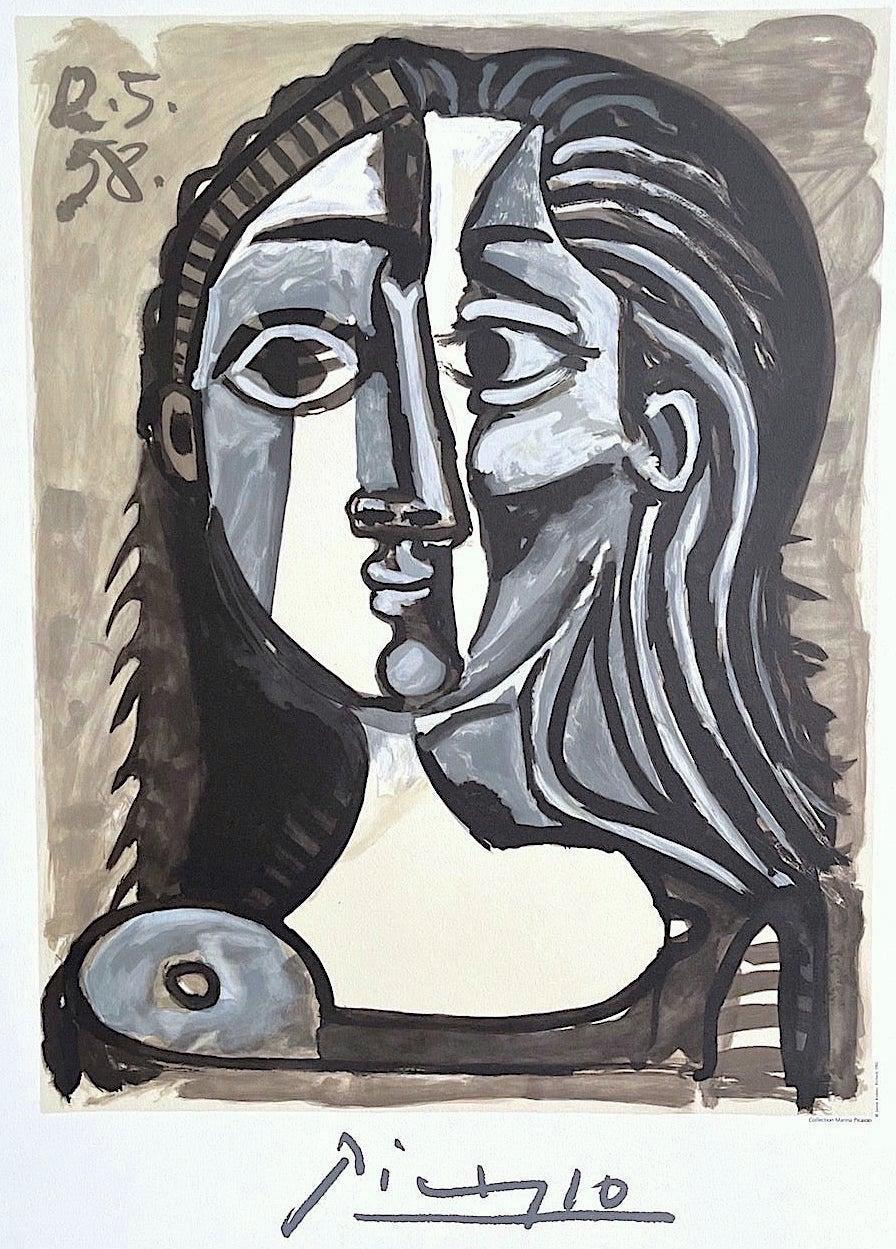 TETE DE FEMME Lithographie, Tusche gewaschener weiblicher Porträtkopf, Beige, Blaugrau, Schwarz – Print von (after) Pablo Picasso