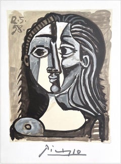 Lithographie TETE DE FEMME, tête de portrait féminine lavée à l'encre, beige, bleu-gris, noir