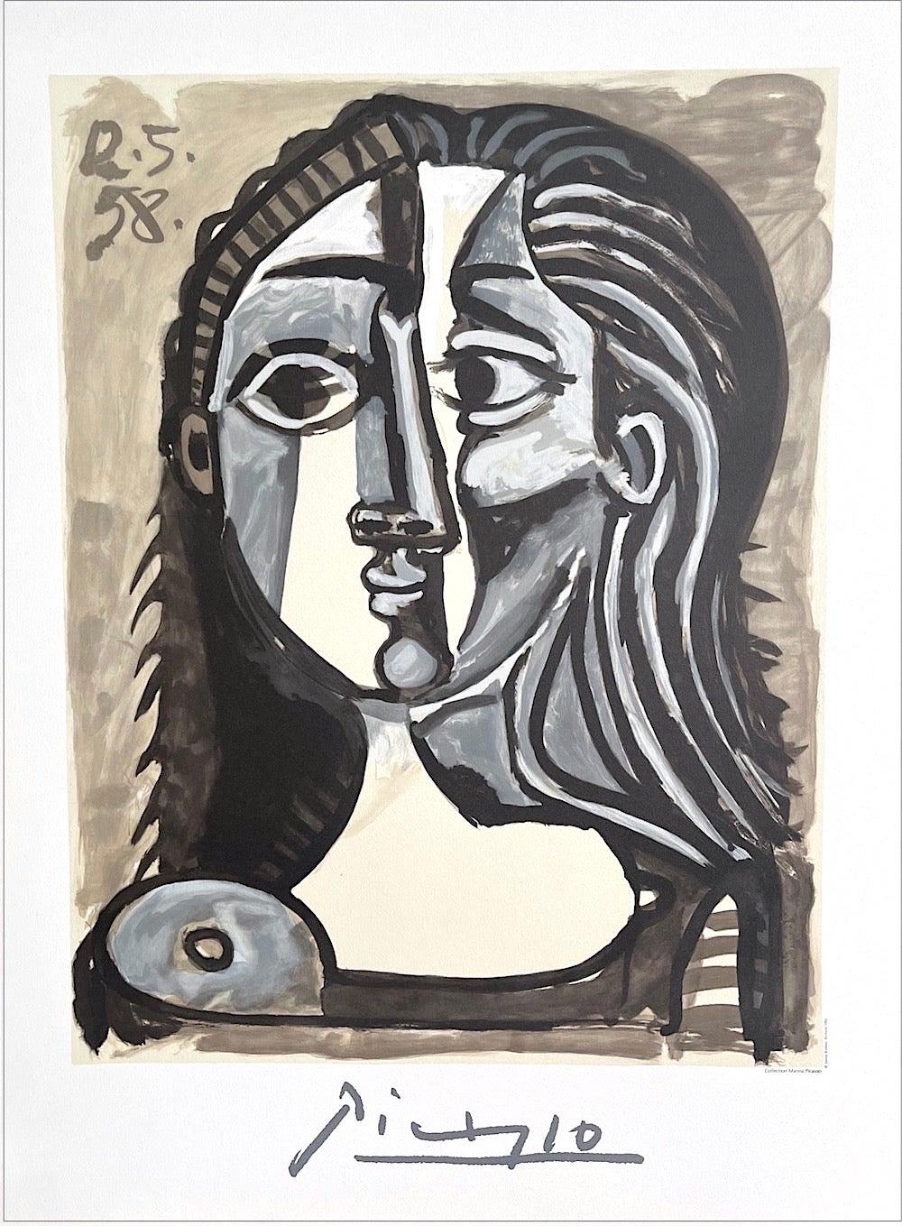 Portrait Print (after) Pablo Picasso - Lithographie TETE DE FEMME, tête de portrait féminine lavée à l'encre, beige, bleu-gris, noir