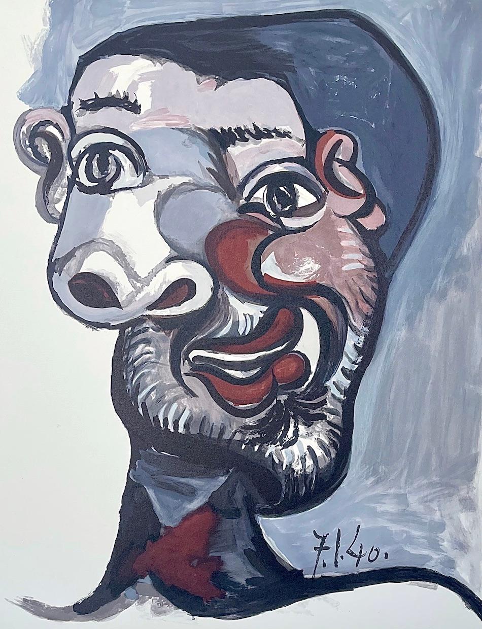 TÊTE D'HOMME Lithograph Abstract Bearded Man Portrait, Maroon, Rose, Gray, Black - Print by (after) Pablo Picasso