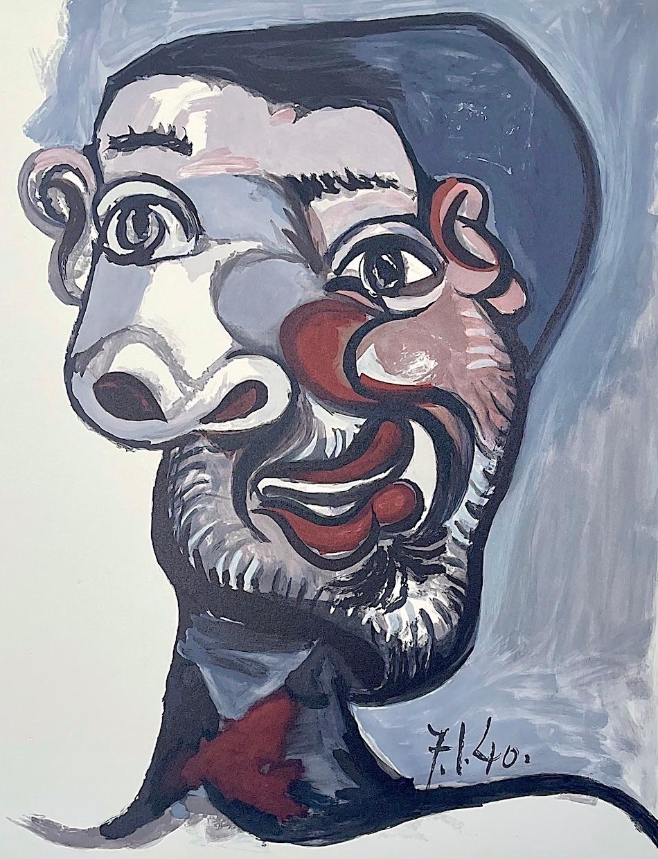 TÊTE D'HOMME Litografía Retrato Abstracto Hombre Barbudo, Granate, Rosa, Gris, Negro en venta 1
