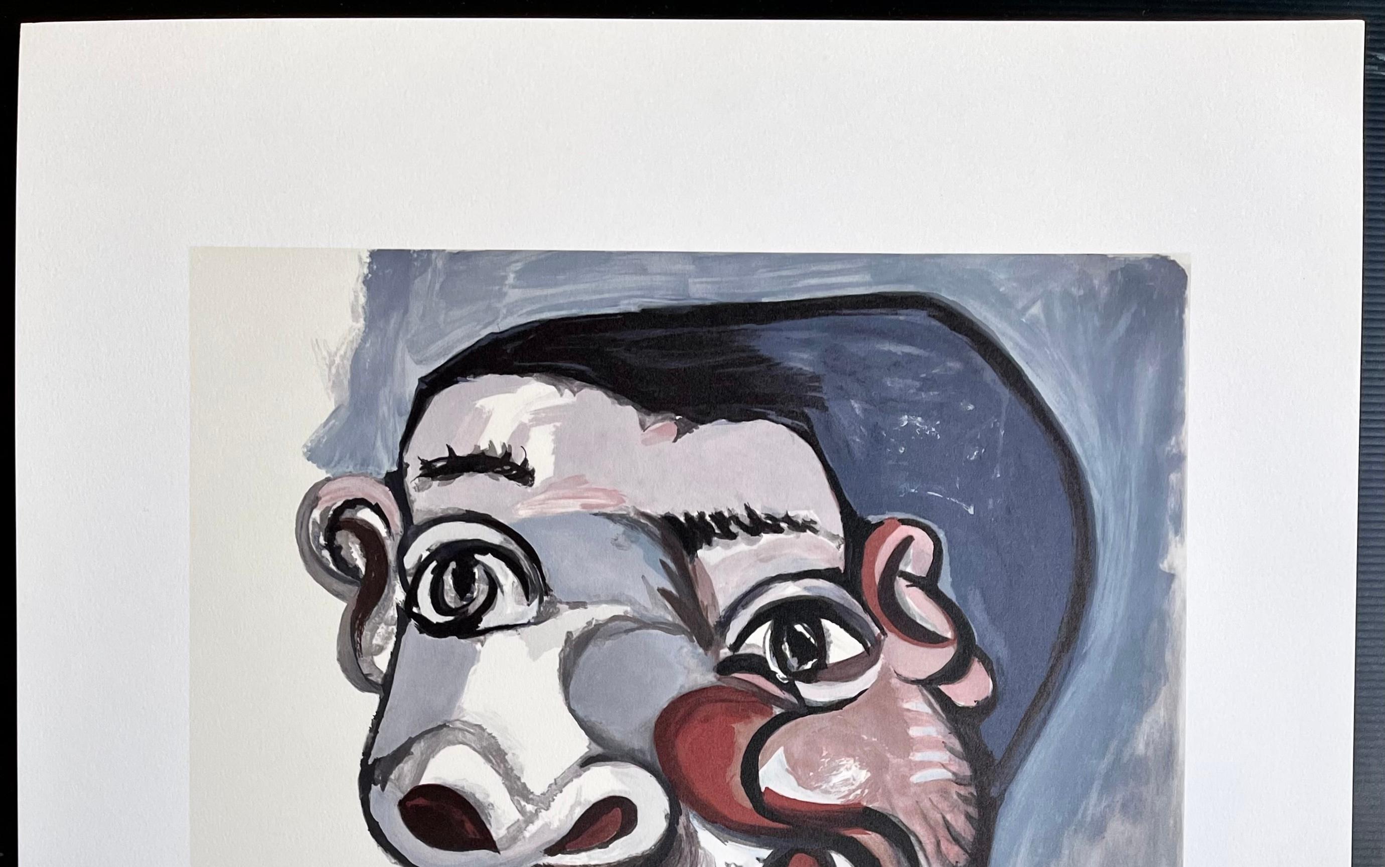 TÊTE D'HOMME Litografía Retrato Abstracto Hombre Barbudo, Granate, Rosa, Gris, Negro en venta 3