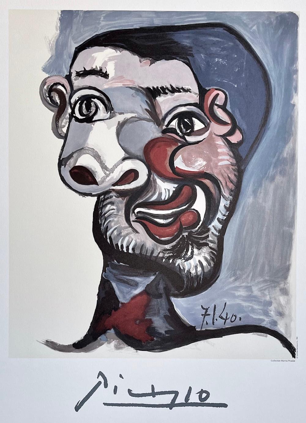 TÊTE D'HOMME Litografía Retrato Abstracto Hombre Barbudo, Granate, Rosa, Gris, Negro - Print de (after) Pablo Picasso