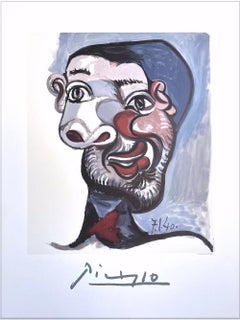 TÊTE D'HOMME Lithograph Abstract Bearded Man Portrait, Maroon, Rose, Gray, Black