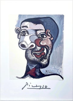 TÊTE D'HOMME Lithographie Abstract Bearded Man Portrait, Maroon, Rose, Gray, Black