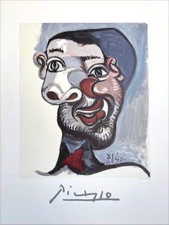 TÊTE D'HOMME Lithograph, Abstract Male Portrait, Distorted Face, Bearded Man