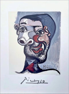 TÊTE D'HOMME Lithograph Abstract Portrait Bearded Man, Maroon, Rose, Gray, Black