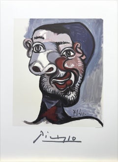 TÊTE D'HOMME Lithograph Abstract Portrait, Bearded Man, Maroon, Gray, Black