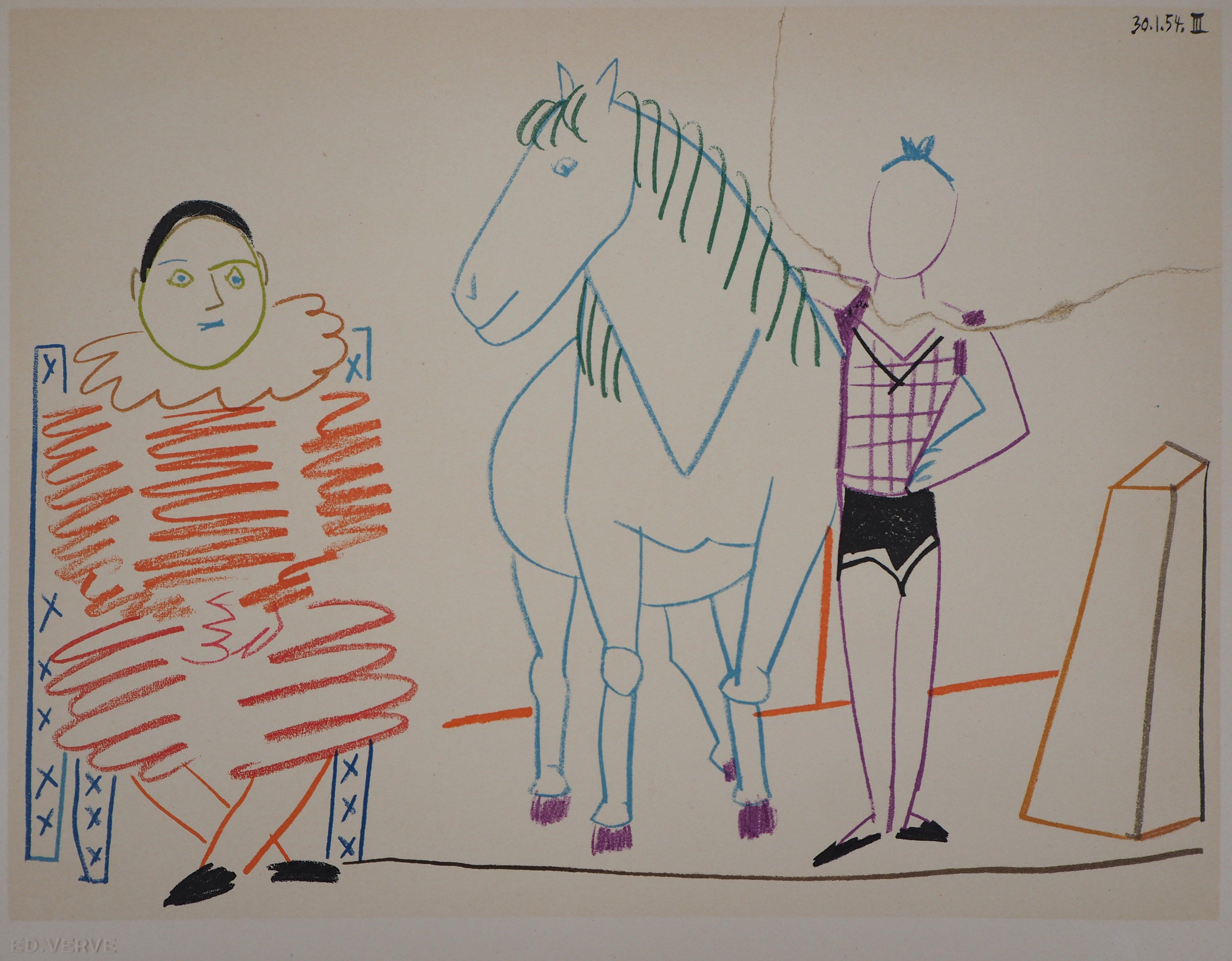 (after) Pablo Picasso Figurative Print - The Horse and the Clown - Litograph On Arches Vellum - Verve, Mourlot 