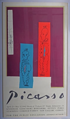 Poster d'epoca di una mostra di Picasso con colori rossi, blu e viola