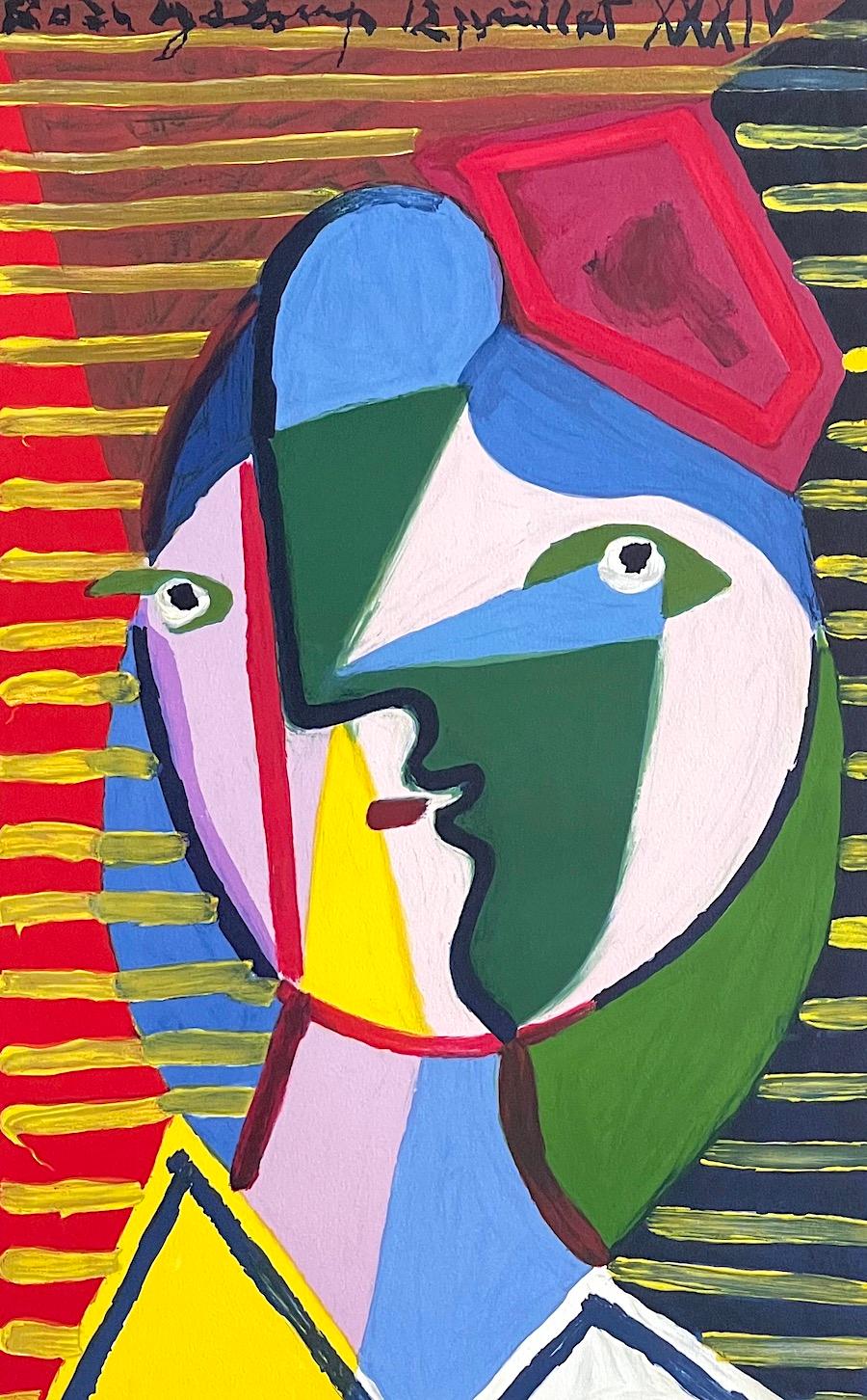 VISAGE DE FEMME SUR FOND RAYE Lithograph, Abstract Portrait, Round Face, Stripes - Print by (after) Pablo Picasso