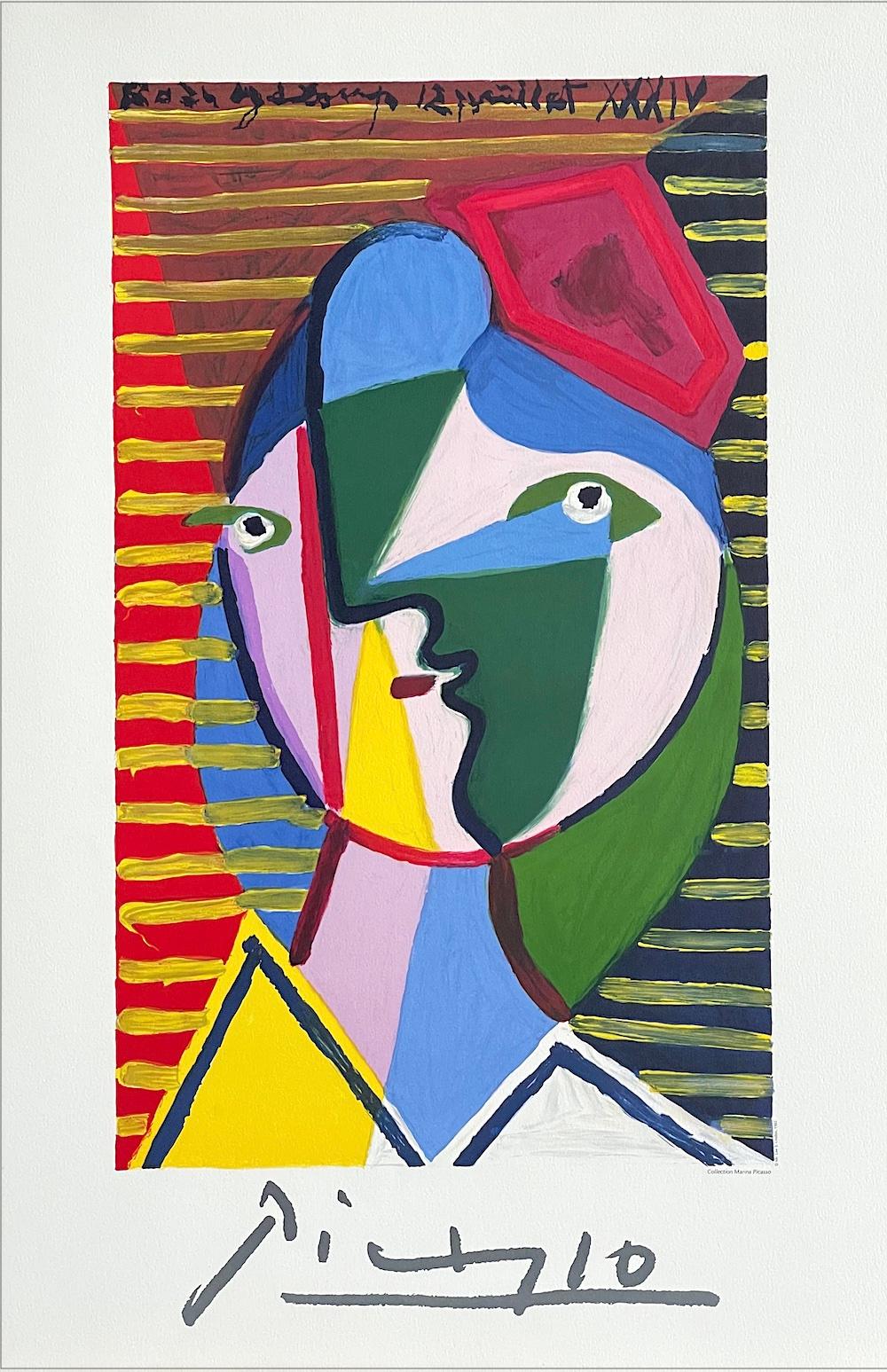 (after) Pablo Picasso Abstract Print - VISAGE DE FEMME SUR FOND RAYE Lithograph, Abstract Portrait, Round Face, Stripes
