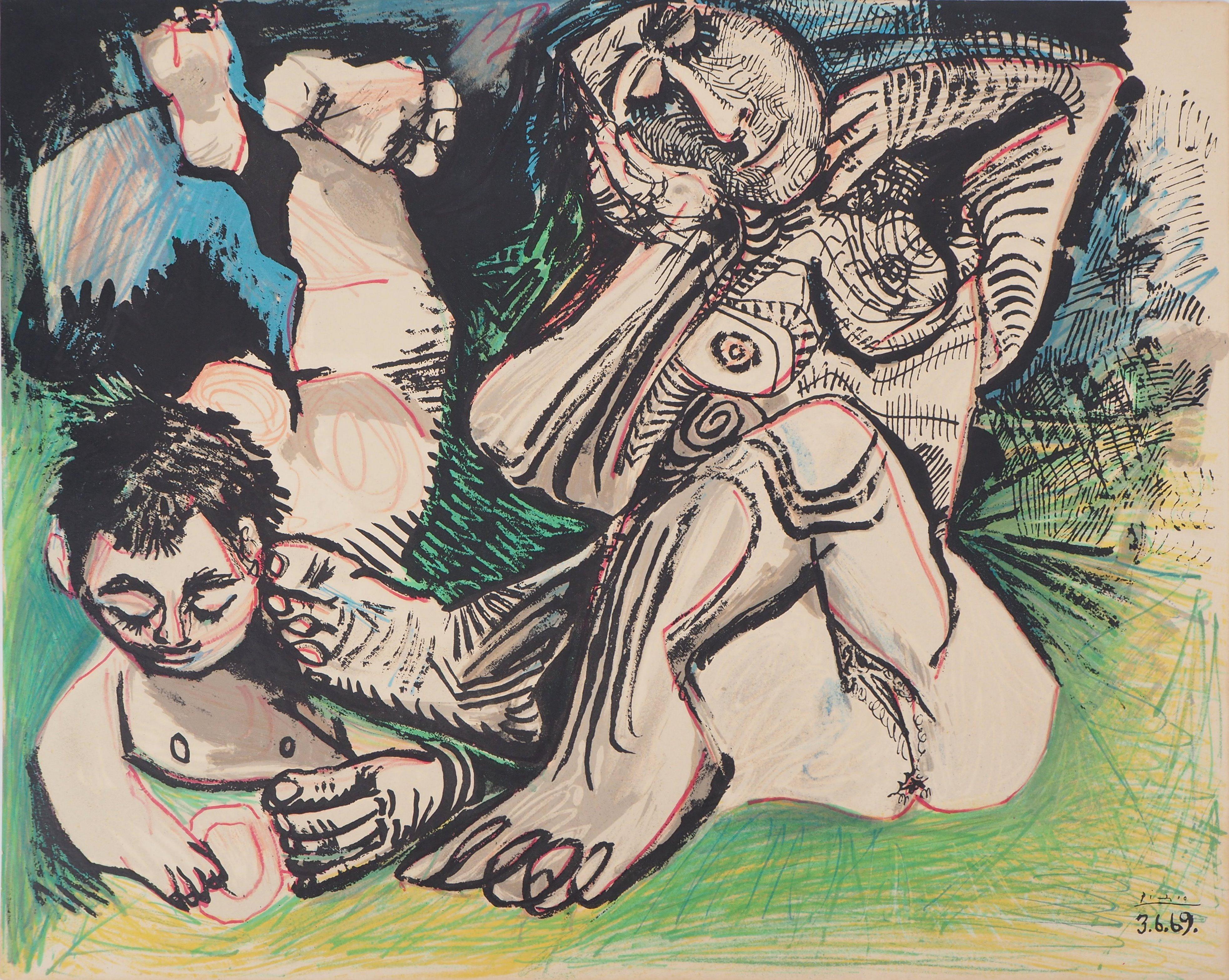 (after) Pablo Picasso Figurative Print - Woman and Boy Resting in a Garden - Lithograph (Mourlot 1971)