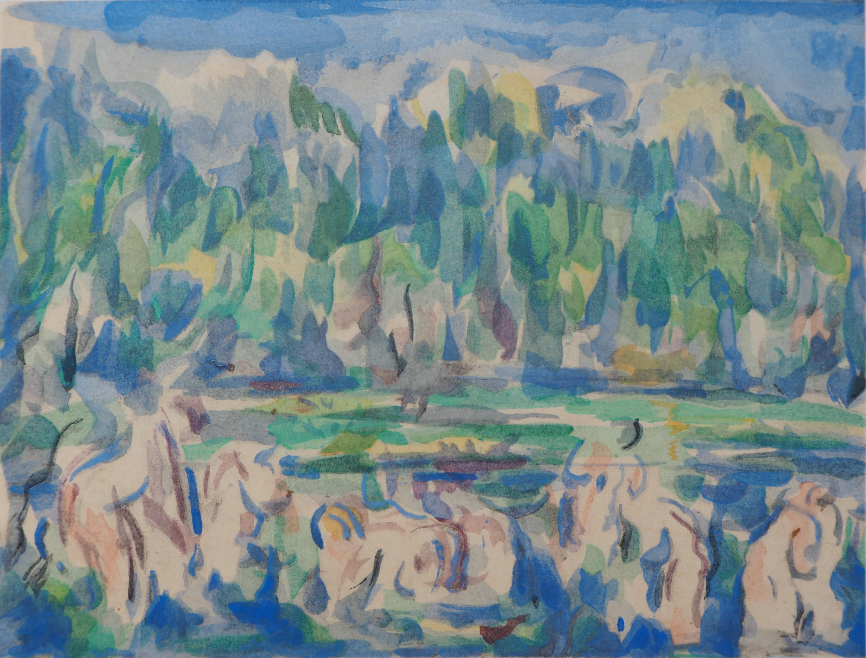 Bathers in a Lake - Lithograph and Stencil Watercolor, 1947