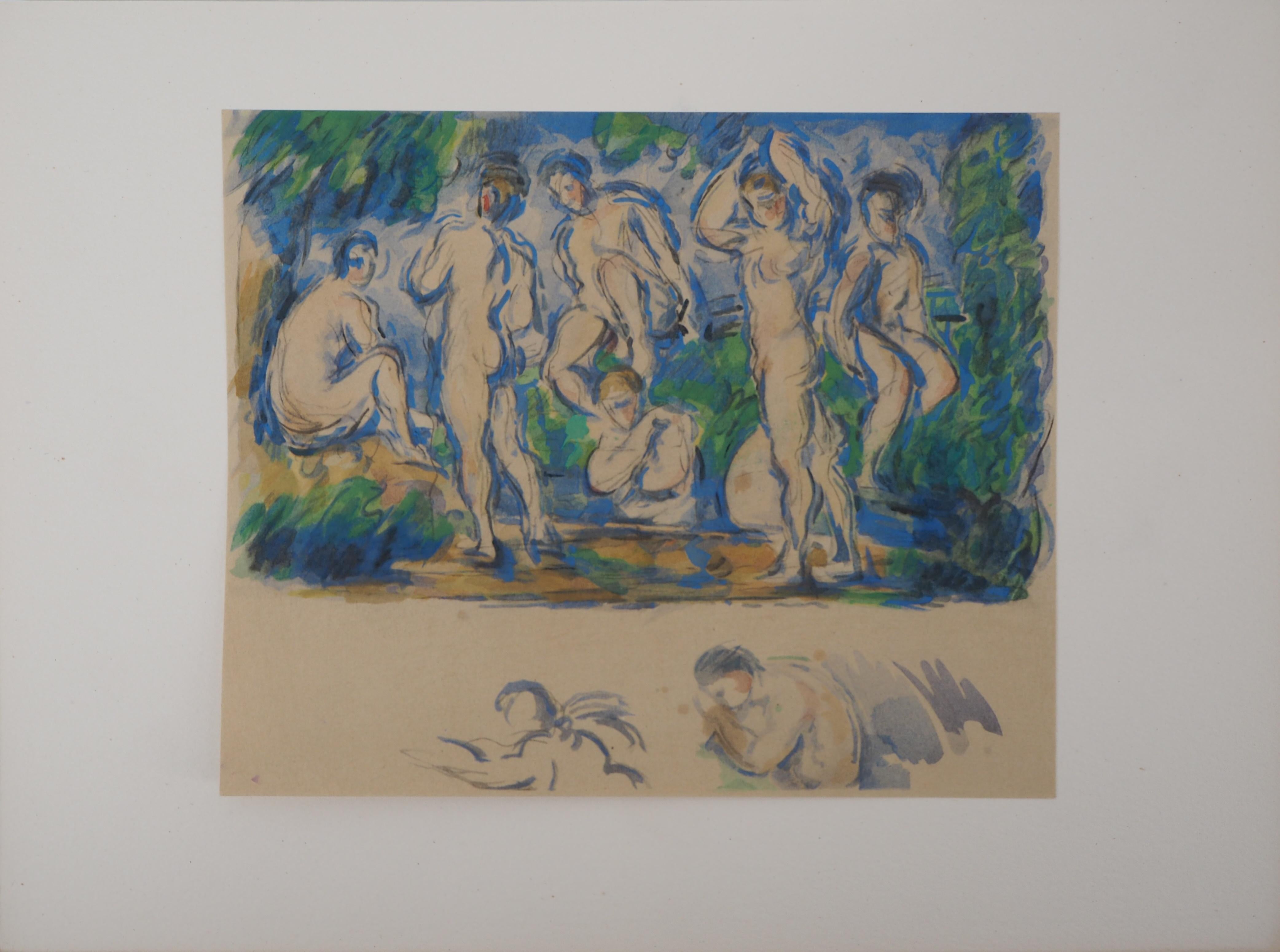 Bathers in a Landscape and Studies - Lithograph and Stencil Watercolor, 1947 - Print by After Paul Cezanne