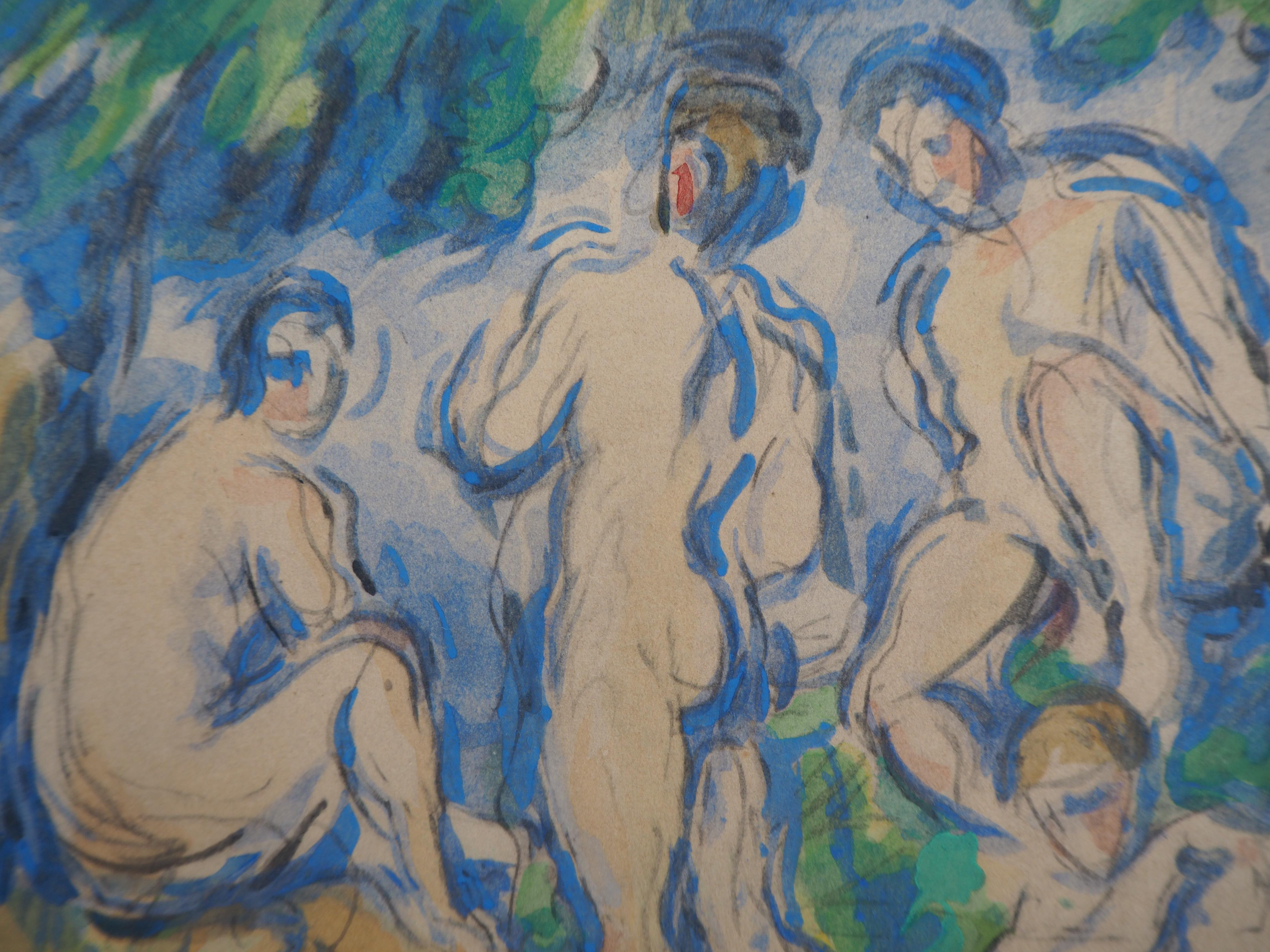 Bathers in a Landscape and Studies - Lithograph and Stencil Watercolor, 1947 - Impressionist Print by After Paul Cezanne