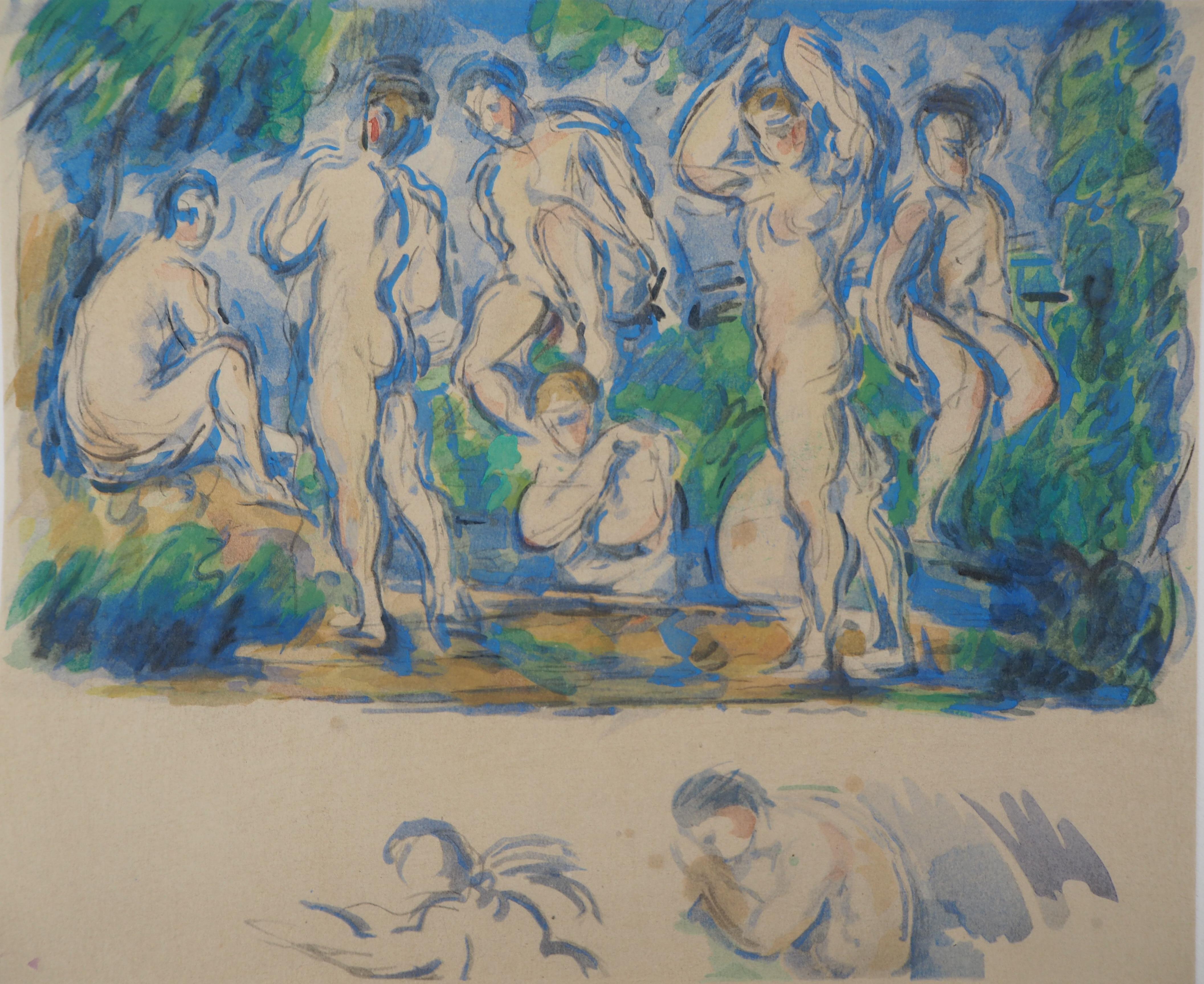 After Paul Cezanne Landscape Print - Bathers in a Landscape and Studies - Lithograph and Stencil Watercolor, 1947