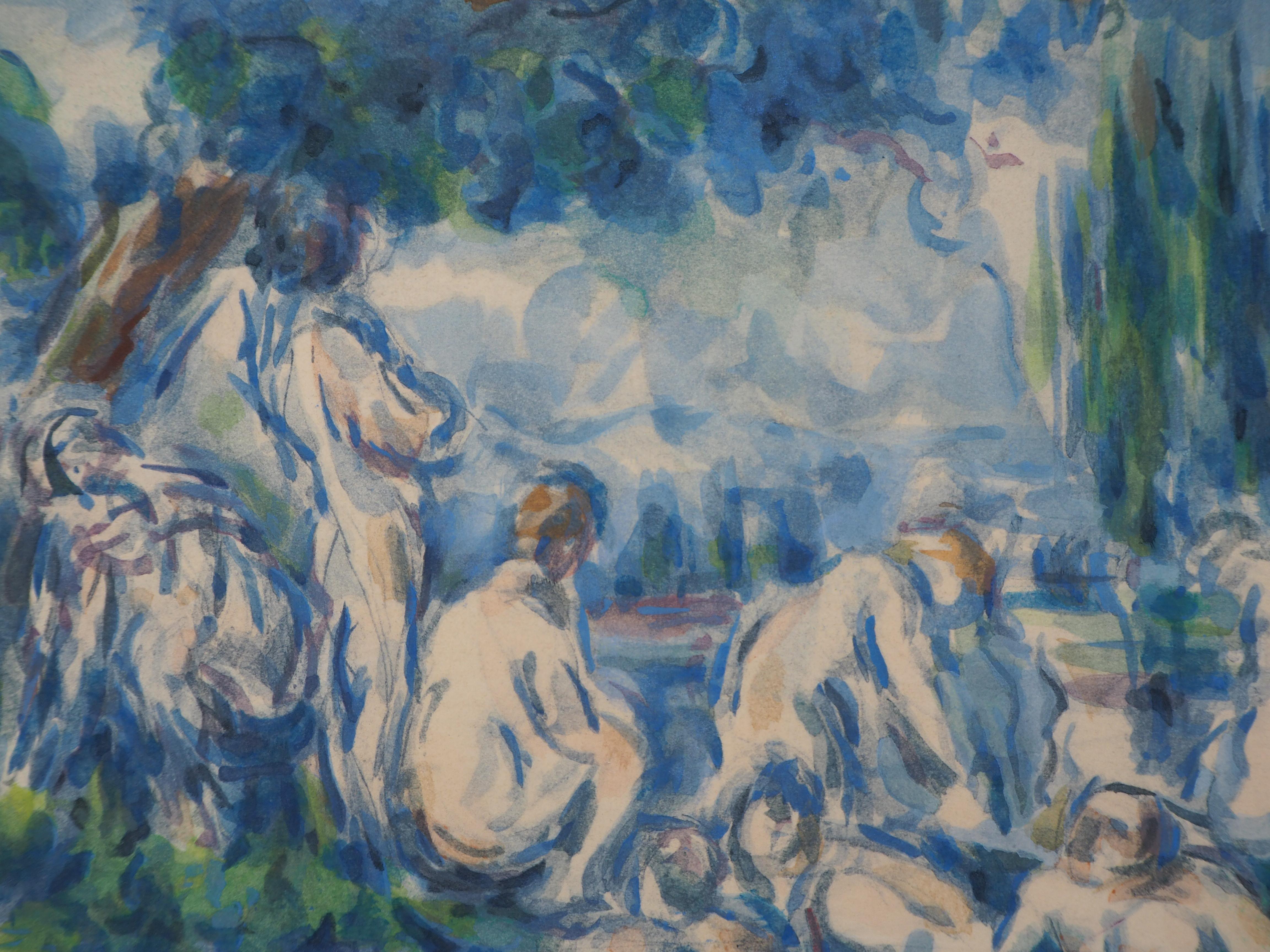 Bathers in the Shade of a Tree - Lithograph and Stencil Watercolor, 1947 - Impressionist Print by After Paul Cezanne