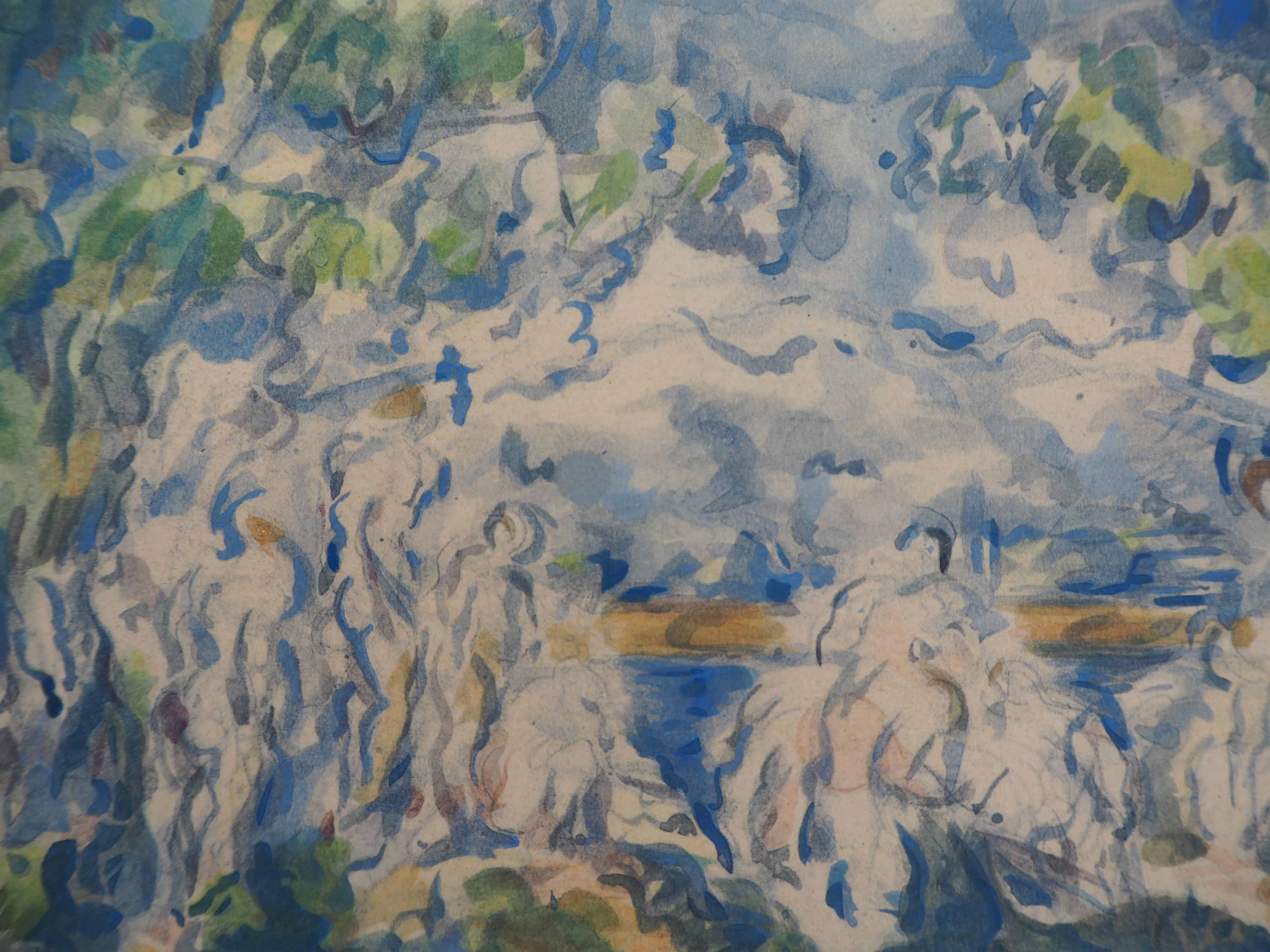 Baigneuses avec la montagne Sainte Victoire - Lithographie et aquarelle au pochoir, 1947 - Print de After Paul Cezanne