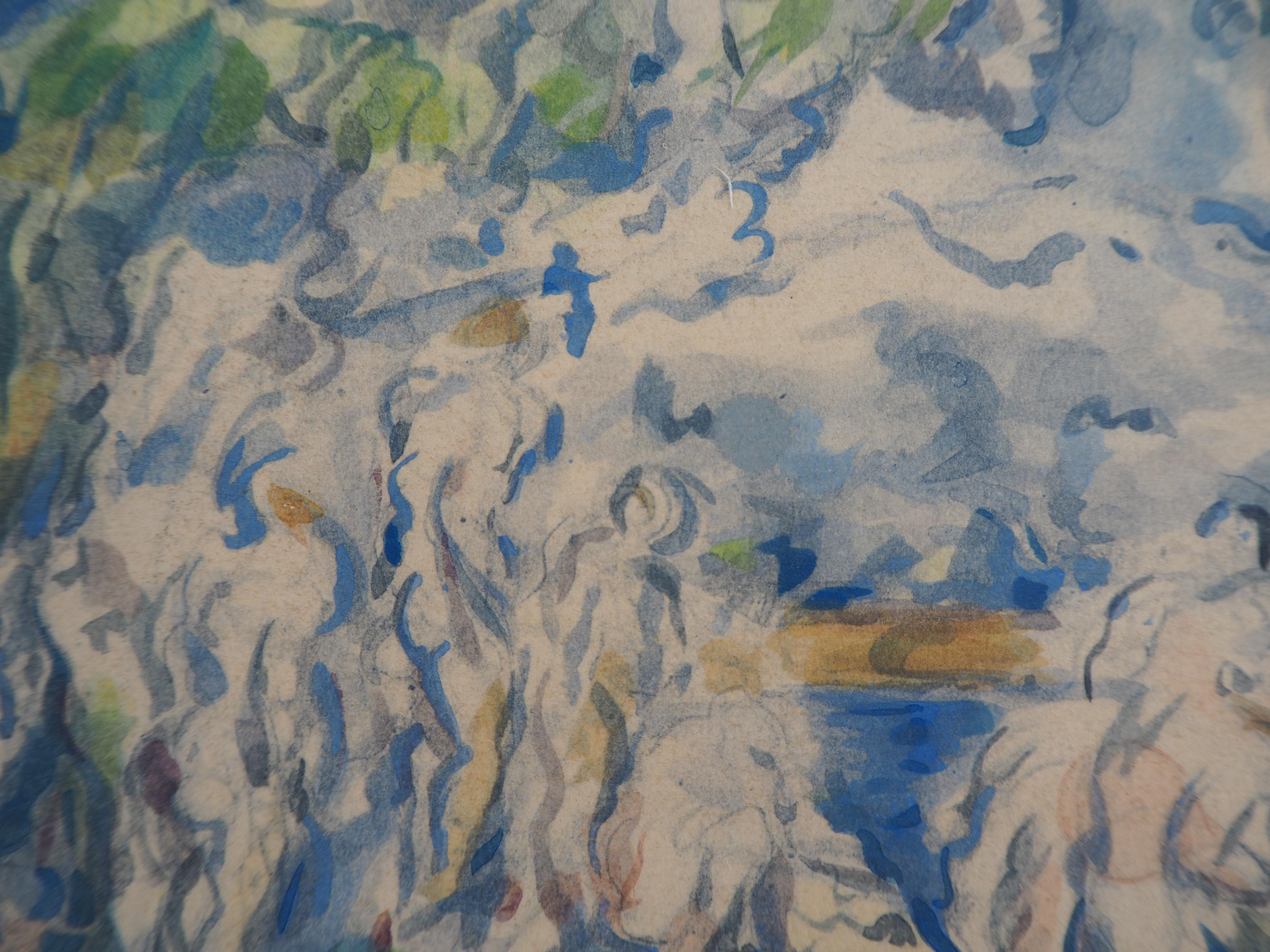 Baigneuses avec la montagne Sainte Victoire - Lithographie et aquarelle au pochoir, 1947 - Impressionnisme Print par After Paul Cezanne