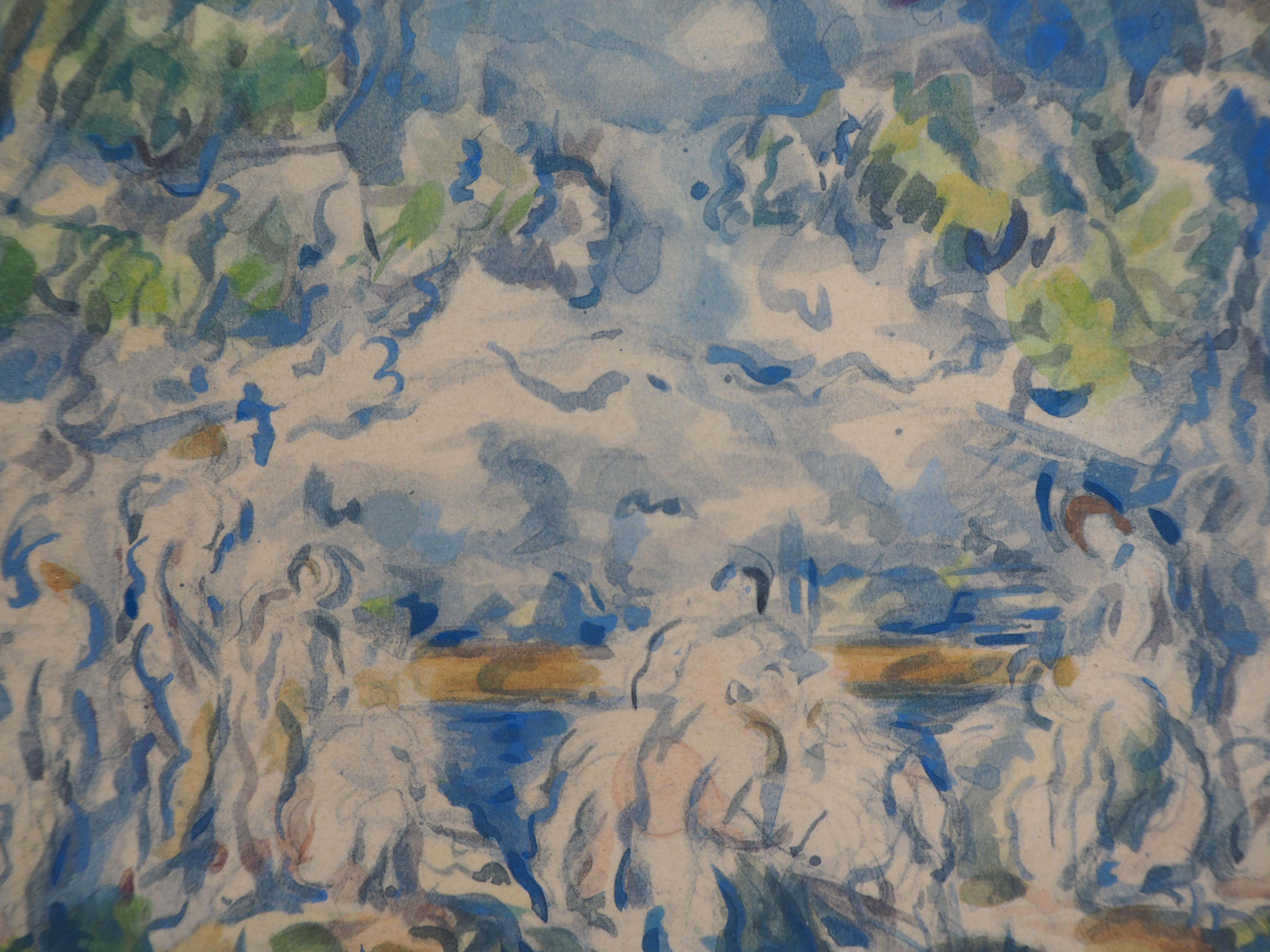 Baigneuses avec la montagne Sainte Victoire - Lithographie et aquarelle au pochoir, 1947 - Gris Landscape Print par After Paul Cezanne