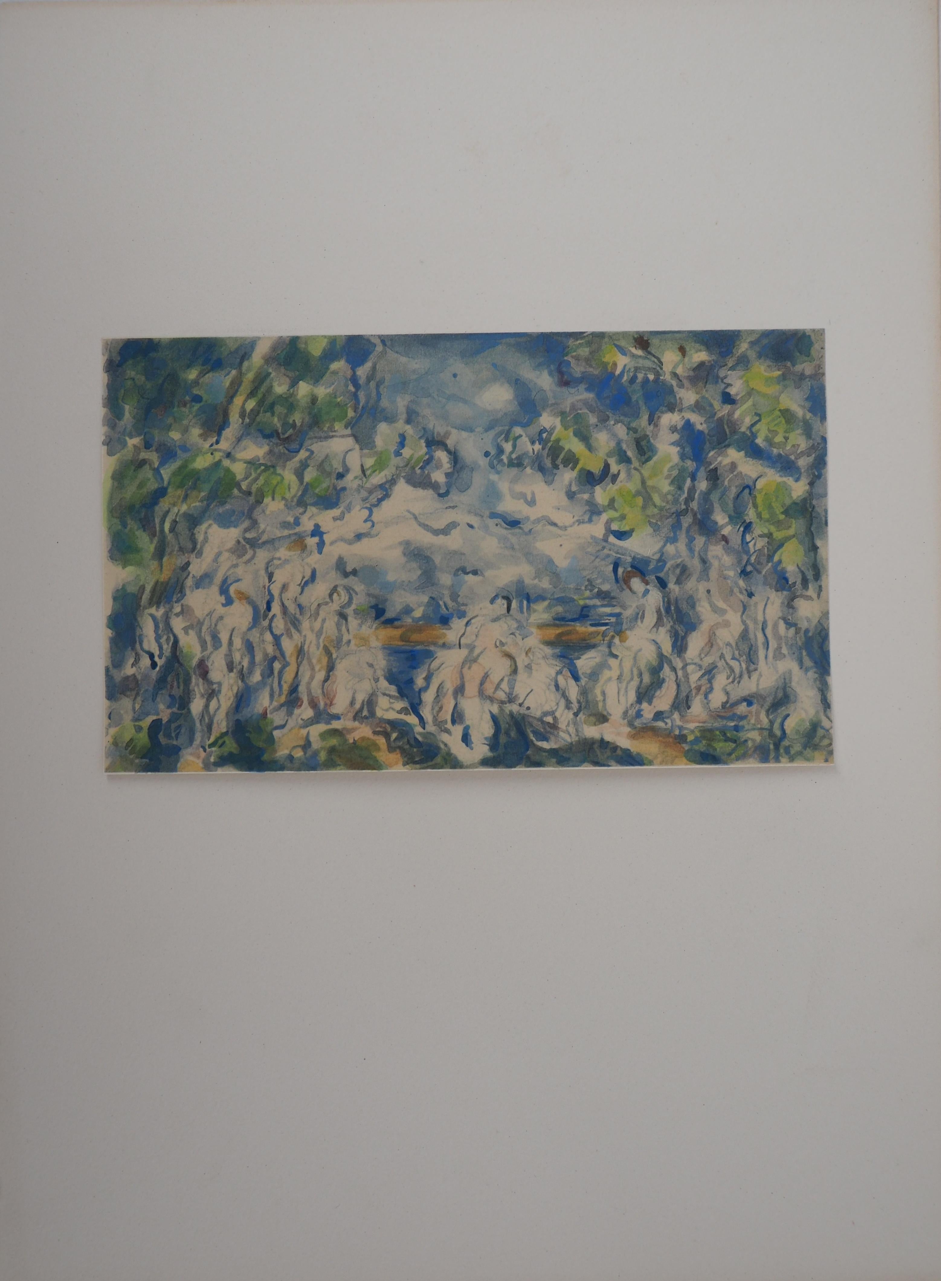 Paul CEZANNE (après)
Baigneuses avec la montagne Sainte Victoire

Lithographie et aquarelle au pochoir (imprimée dans l'atelier Jacomet)
D'après une aquarelle peinte c. 1902/07
Sur papier épais 12.6 x 21 cm (c. 5 x 8 inch)
Monté sur papier vélin 38