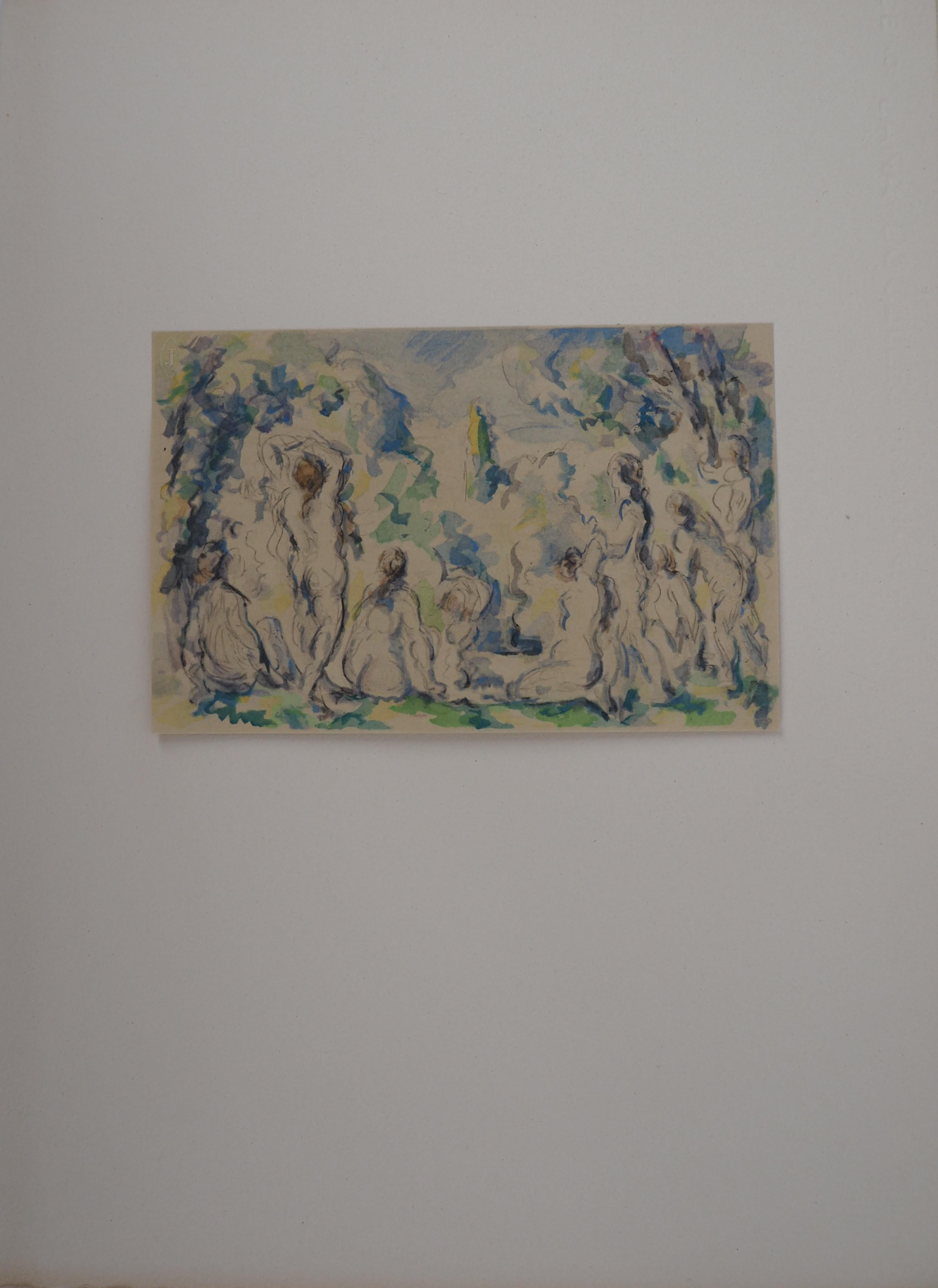 Eight Nude Bathers in a Landscape - Lithograph and Stencil Watercolor, 1947 - Print by After Paul Cezanne